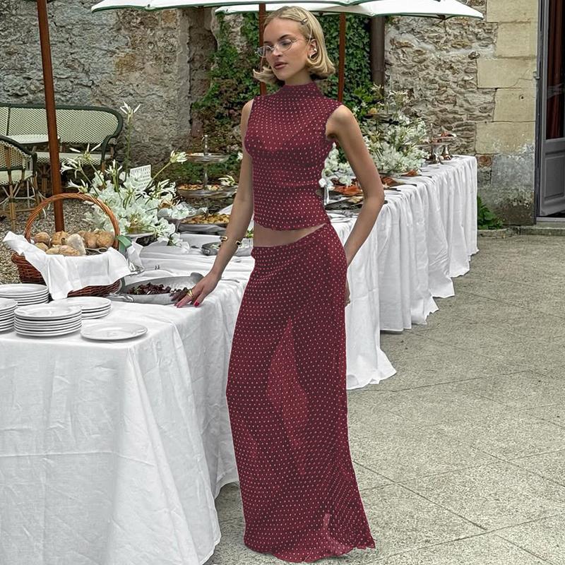 Women Summer Sleeveless Tank Top Long Skirt Polka Dot Mesh Two Piece Set Outfit