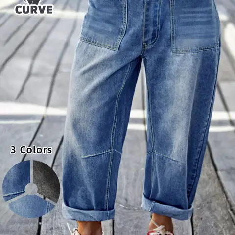 Plus Size Light Wash High Waist Denim Jeans Button, Relaxed Cuffed Cropped Baggy Pants, Vintage Coastal Casual Utility Wear for Women