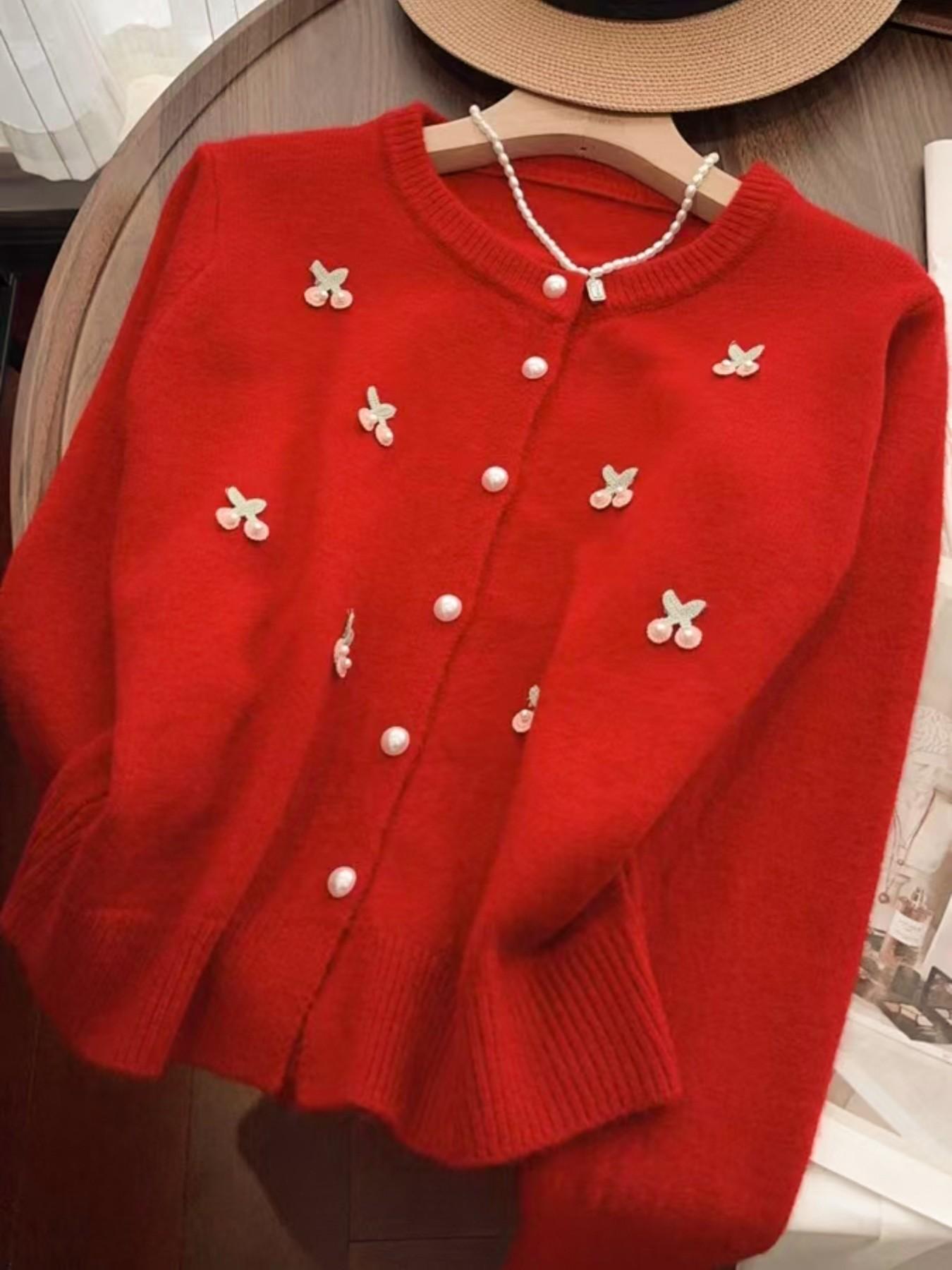 Women's Cherry Embroidered Knit Jacket, Spring & Fall Slim Fit Casual, Elegant Pearl Button Cardigan, Perfect for Dates & Outdoor Activities