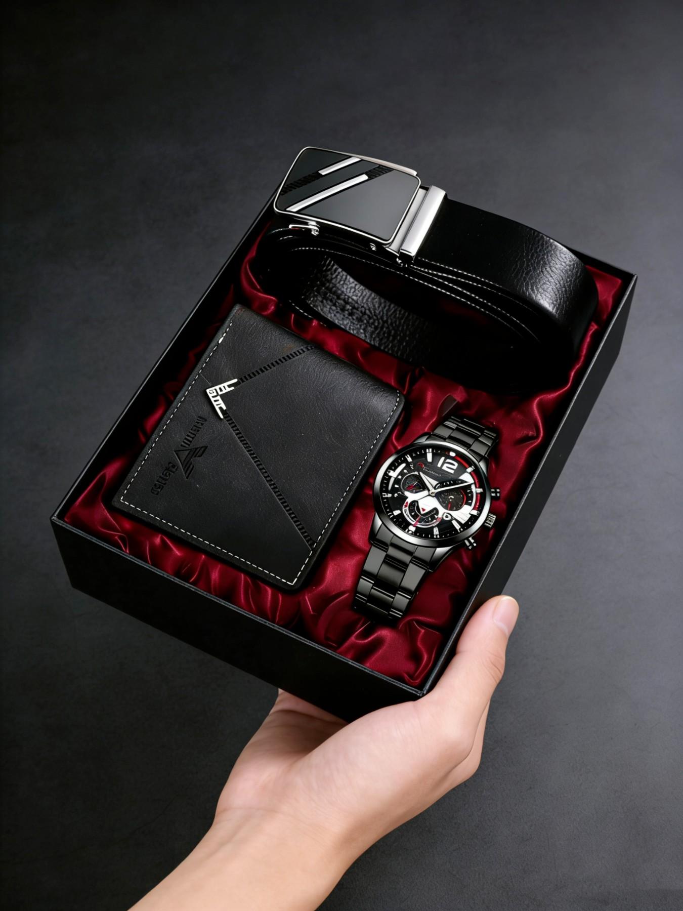 Men's Fashion Quartz Watch Set with Wallet and Belt, Accessories Set, High-End Gift Box Included, Perfect for Business Casual Daily Wear