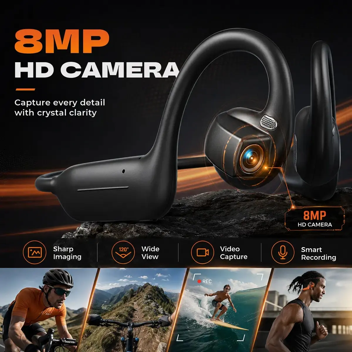 Outdoor Sports Smart Bone Conduction Earphones, 8mp Camera, Ai Object Recognition, Multilingual Translation, Neck-Worn Headset