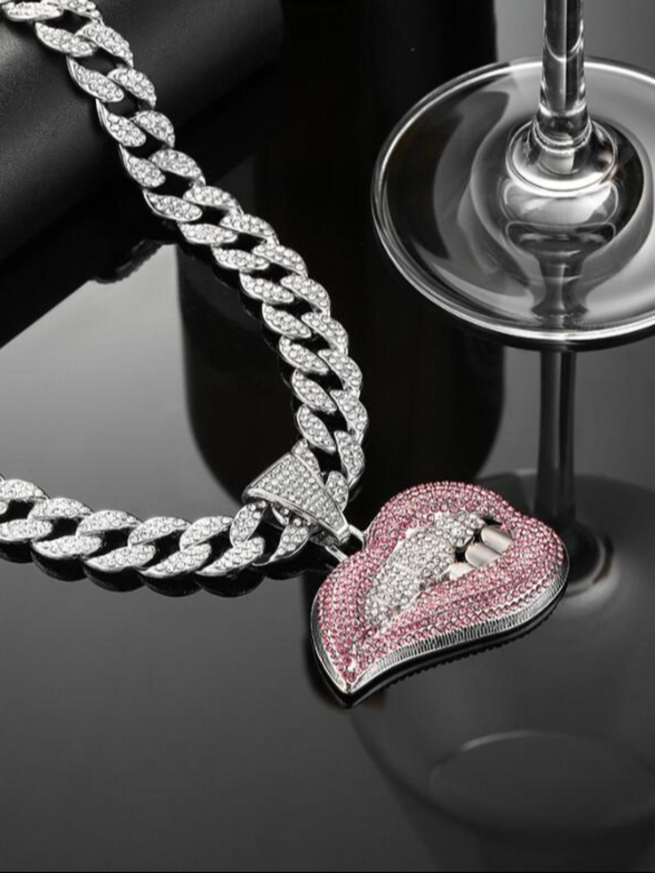 Silver Iced Out Pink Lips Pendant Necklace - Cuban Link Chain Hip Hop Jewelry for Men Women iced out necklace, cuban link necklace, lips necklace, pink lips pendant, hip hop jewelry, silver cuban chain, rhinestone necklace, two tone necklace, grillz jewel