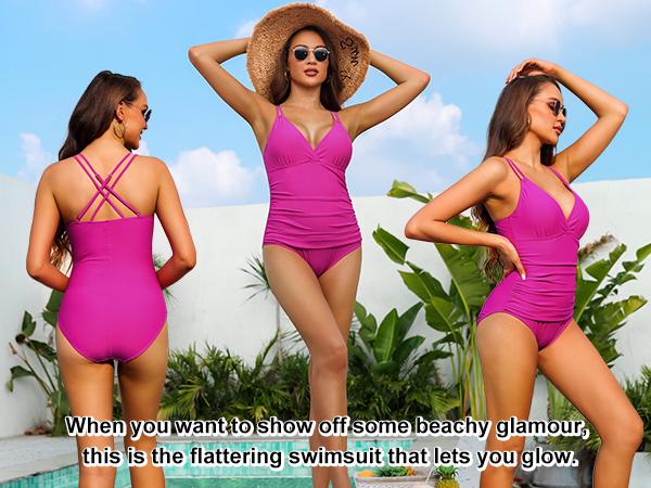 Hilor Women's Underwire One Piece Swimsuits Ruched V Neck Tummy Control Bathing Suit Criss Cross Monokini Swimwear