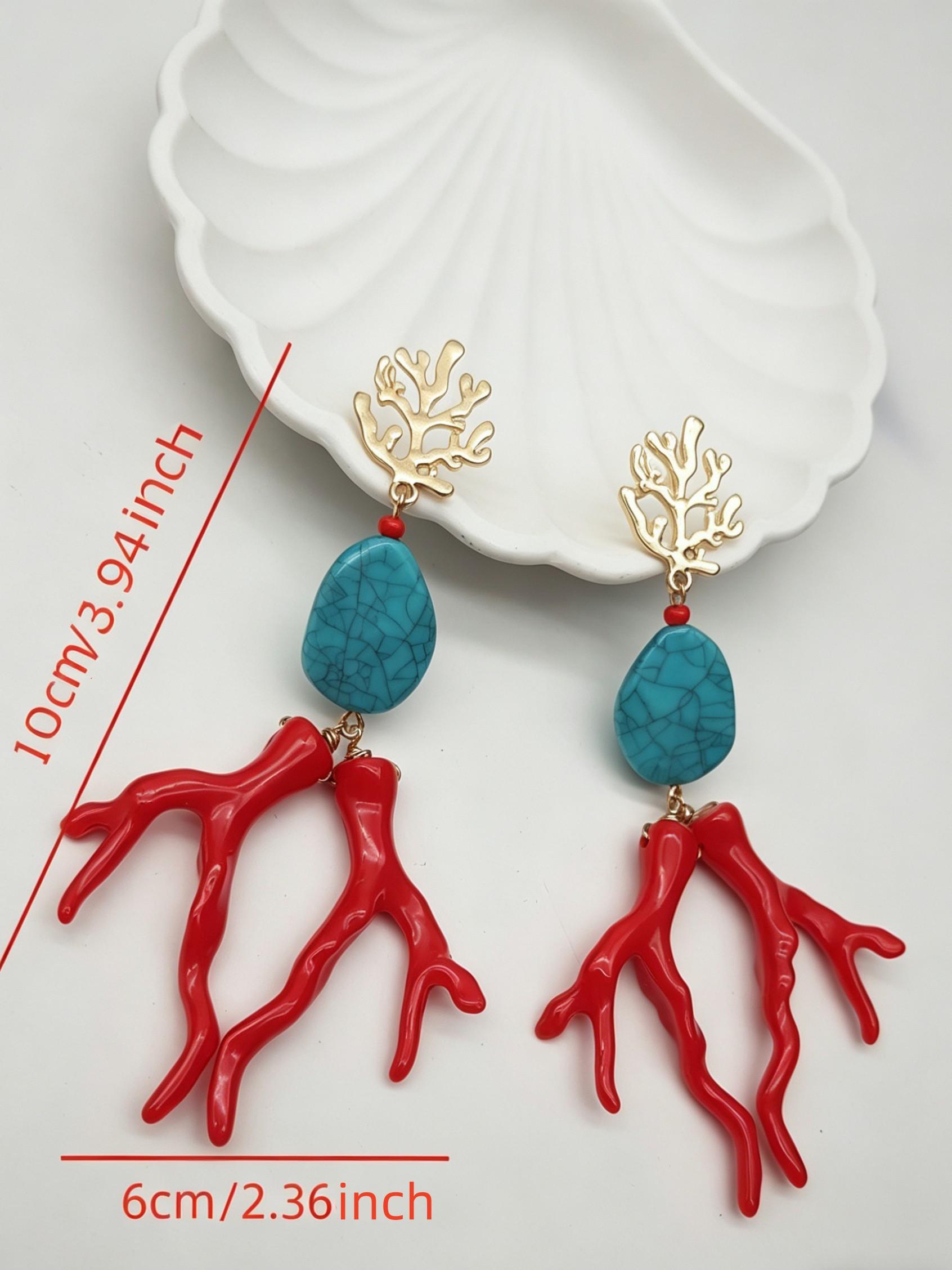 Boho Turquoise Geometric Acrylic Coral Earrings, Multicolor Fashion Alloy Ear Studs, Ocean Casual Vacation Style Jewelry