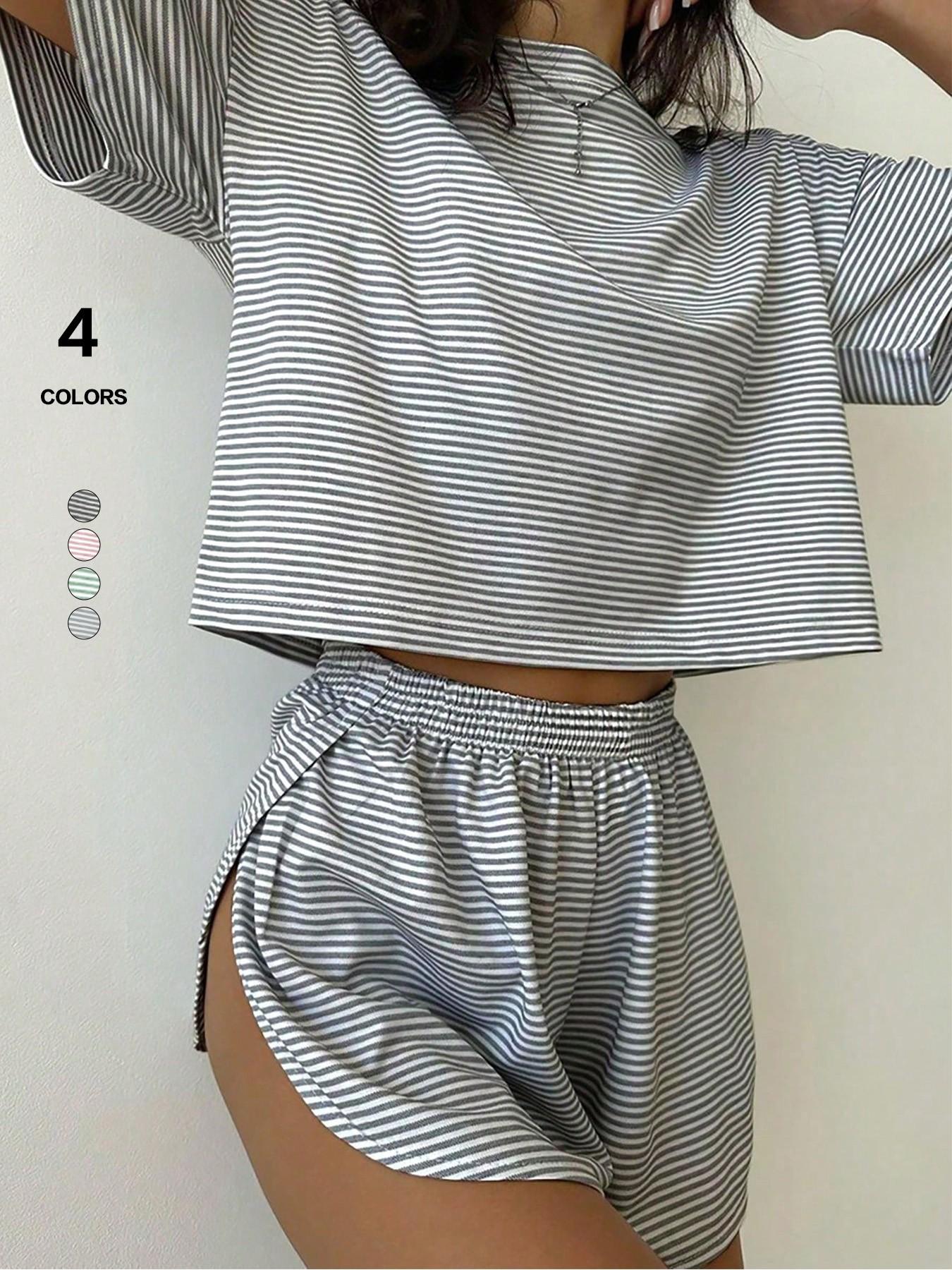 Women's Solid Color Ribbed Crew Neck Crop Top & Drawstring Waist Shorts, Fitted Casual Comfy Lounge Wear, All-Season Sleepwear