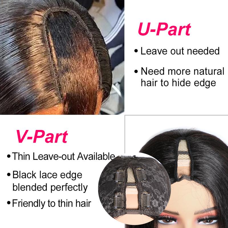 VIPbeauty Straight V Part Bob Wig Human Hair Glueless No Leave Out Upgraded U Part Wig For Women 10-16 Inch Short Human Hair Brazilian Raw Hair 1B Natural Black Color 150%