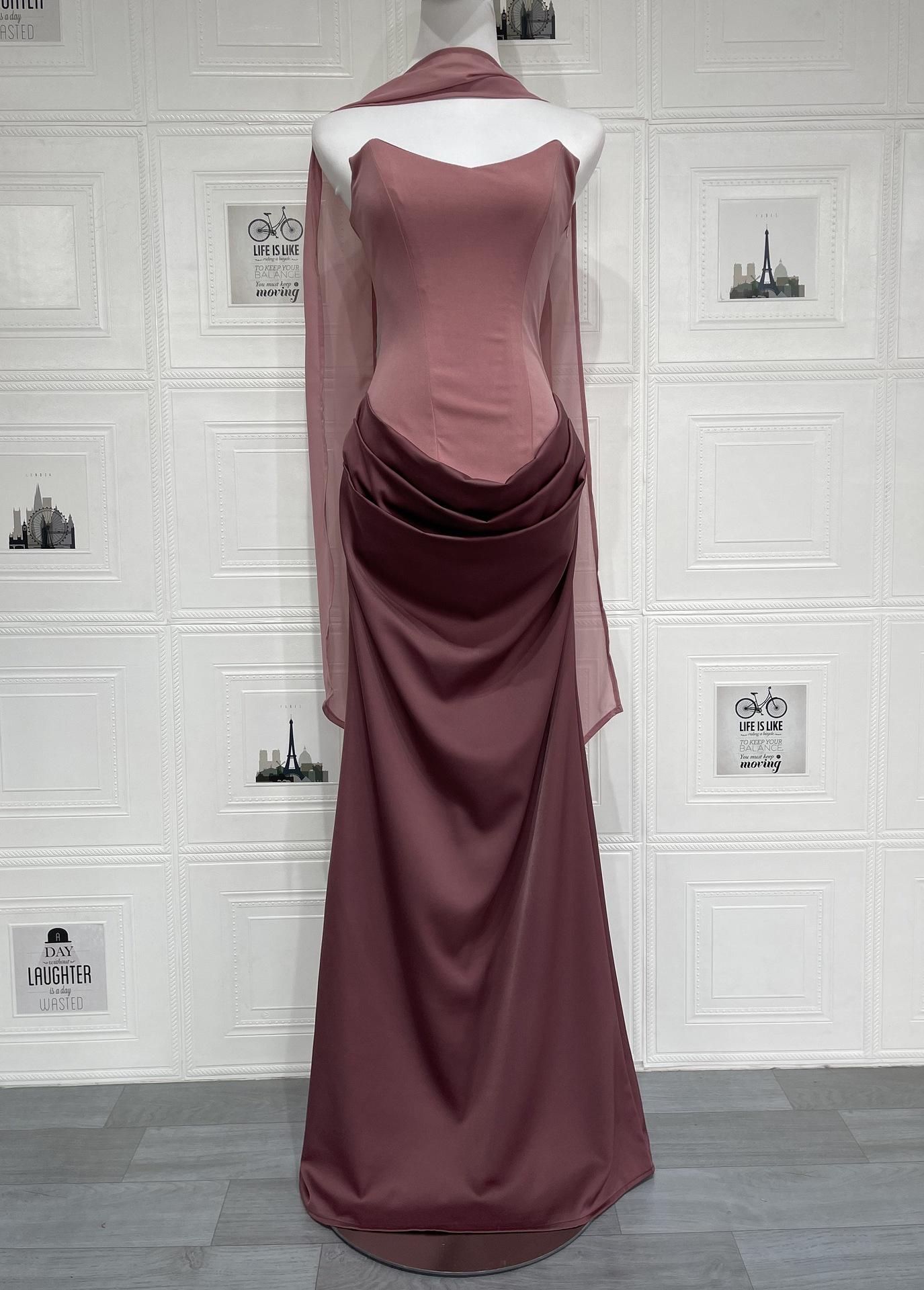 2026 European and American new style solid color waist-cinching sexy strapless bodycon long dress satin tie-back dress with ribbons