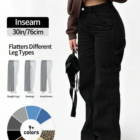 NVFelix Women's High Waist Baggy Loose Cargo Jeans Y2K Streetwear Wide Leg Denim Pants for Fall/Winter, Suitable for Commuting and Everyday Wear