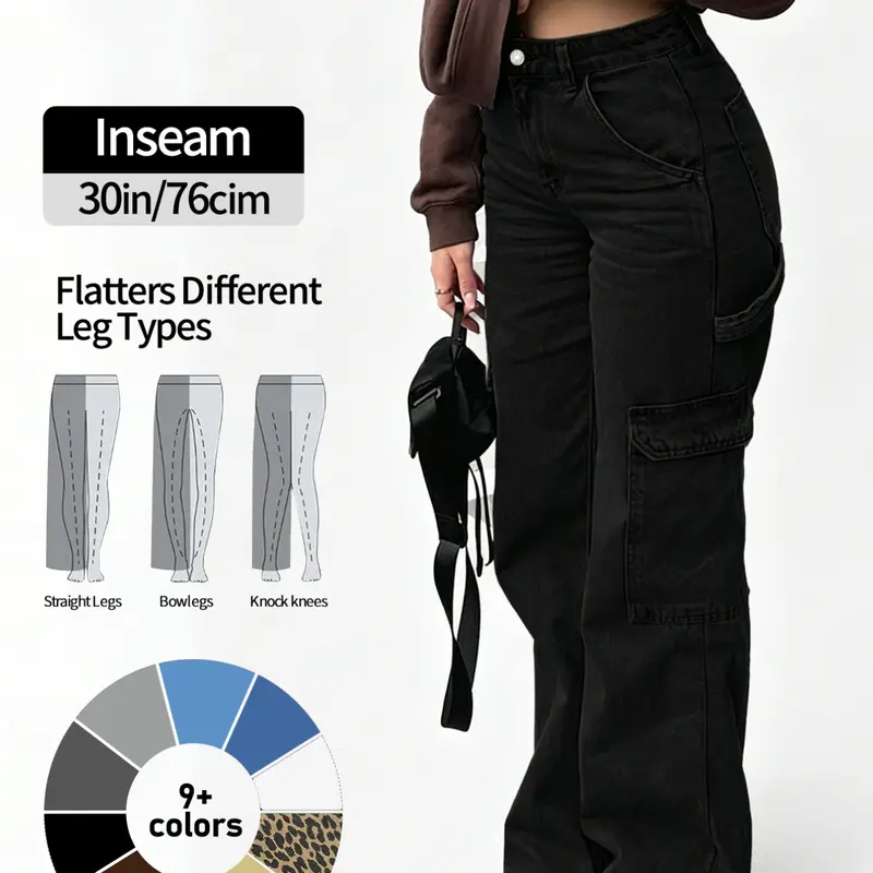 NVFelix Women's High Waist Baggy Loose Cargo Jeans Y2K Streetwear Wide Leg Denim Pants for Fall/Winter, Suitable for Commuting and Everyday Wear