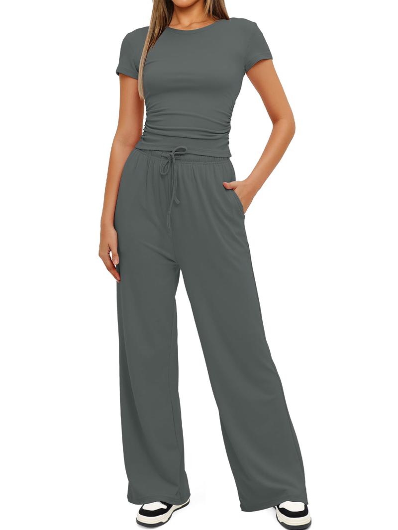 Women's Spring Summer Casual Set, Round Neck Short Sleeve Top & Wide Leg Pants, Slim Fit Home Wear, 2 Piece, Ruched Design, Drawstring
