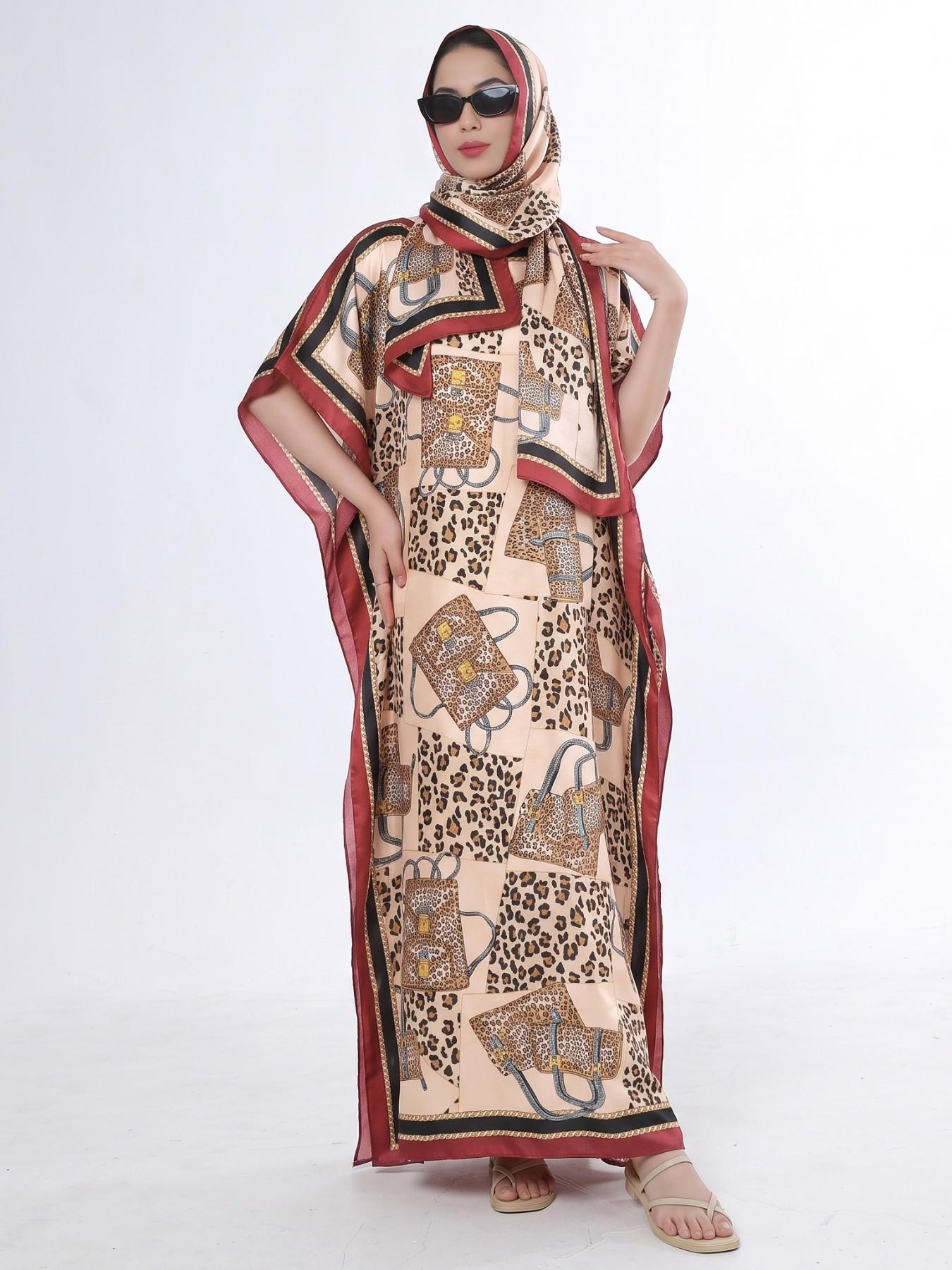 Women's Elegant Dynamic Print Silk-Feel Long Robe & Poncho Kaftan Set, Loose Satin Muslim Islamic Clothing Set Fashion Short Sleeve Maxi Dress & Scarf Two Piece Sets, Lightweight Going Out Outfit Women's Elegant Dynamic Print Silk-Feel Long Robe & Poncho Kaftan Set, Loose Satin Muslim Islamic Clothing Set Fashion Short Sleeve Maxi Dress & Scarf Two Piece Sets, Lightweight Going Out Outfit