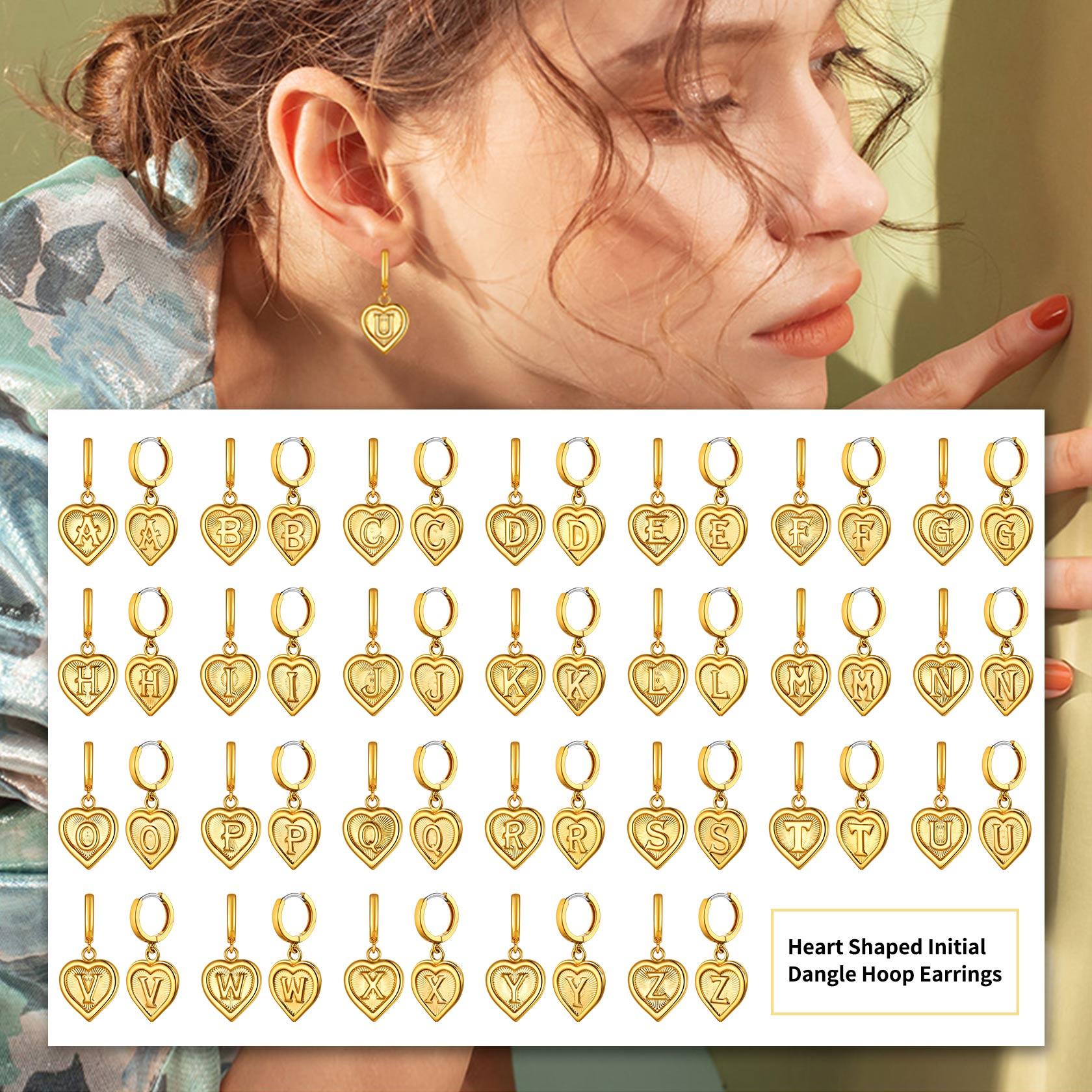 FindChic Heart Shape Initial Earrings with Letter Pendant 13mm Small Hoop Retro Style Fantasy Fashion Cute Jewelry For Women Girlfriend Birthday Anniversary Wedding Christmas Holiday Gift