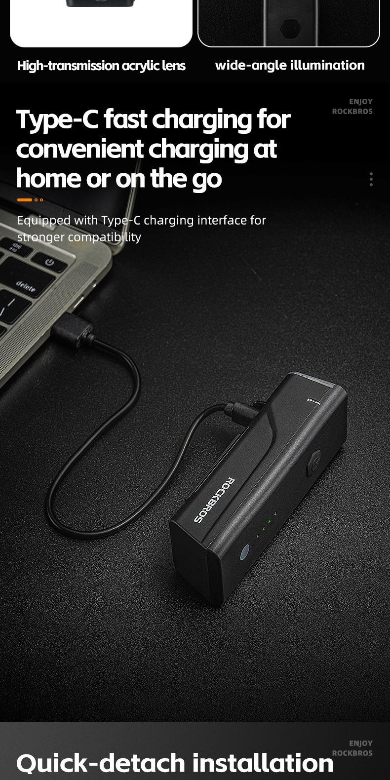 ROCKBROS Bike Light 260 Lumen IPX4 Waterproof Front Light 1500mAh Intelligent Light Sensing Bicycle Accessories