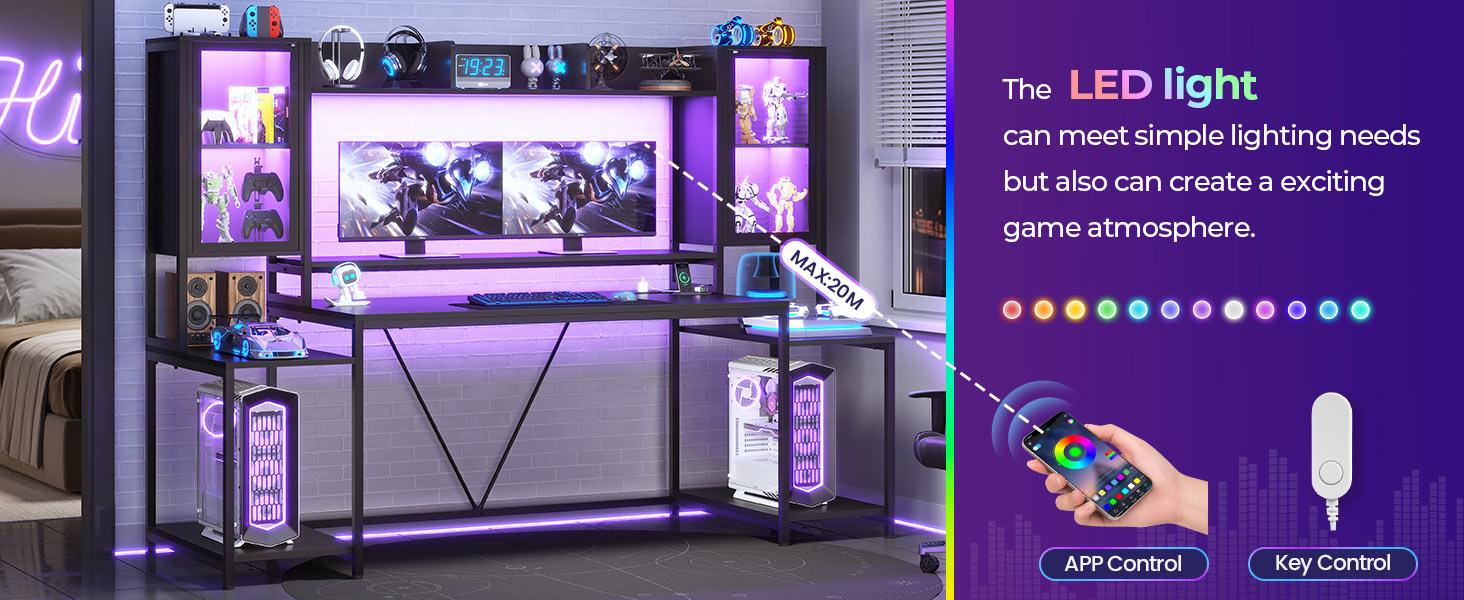 SEDETA 74.8-Inch Gaming Table with LED Lights and Storage Shelf, Computer Table with Monitor Stand Ergonomic gaming desk Gamer Desk standing desk