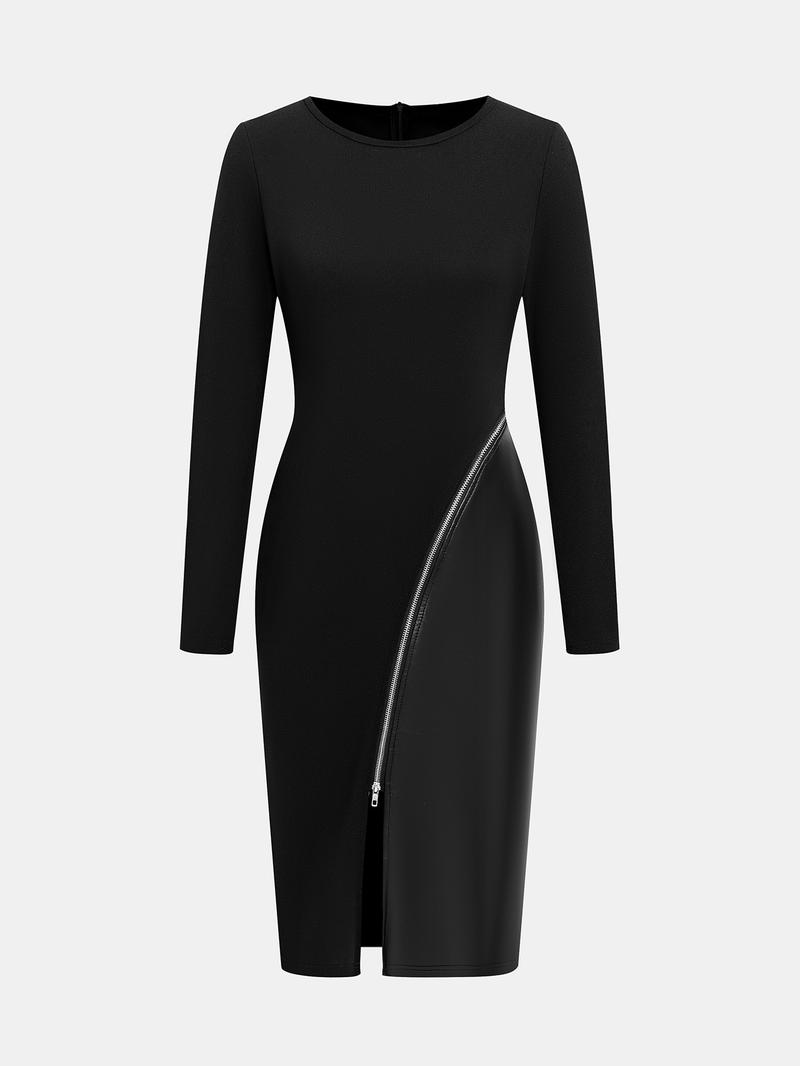 Valentine's Day Women's Solid Color PU Leather Patchwork Zipper Bodycon Dress, Elegant Slim Fit Long Sleeve Party Dress, Casual Fashion Clothing
