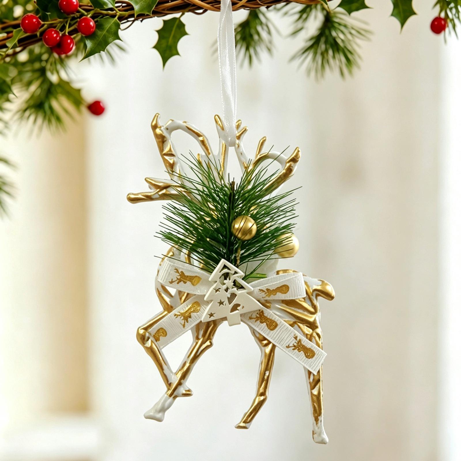 1Pc Christmas Ornaments, White & Gold Vintage Plastic Hanging Decorations, Snowflake Reindeer Key Christmas Tree Pendants, Suitable for Christmas Tree Decor, Holiday Decor, Window & Home Festival Atmosphere Decor