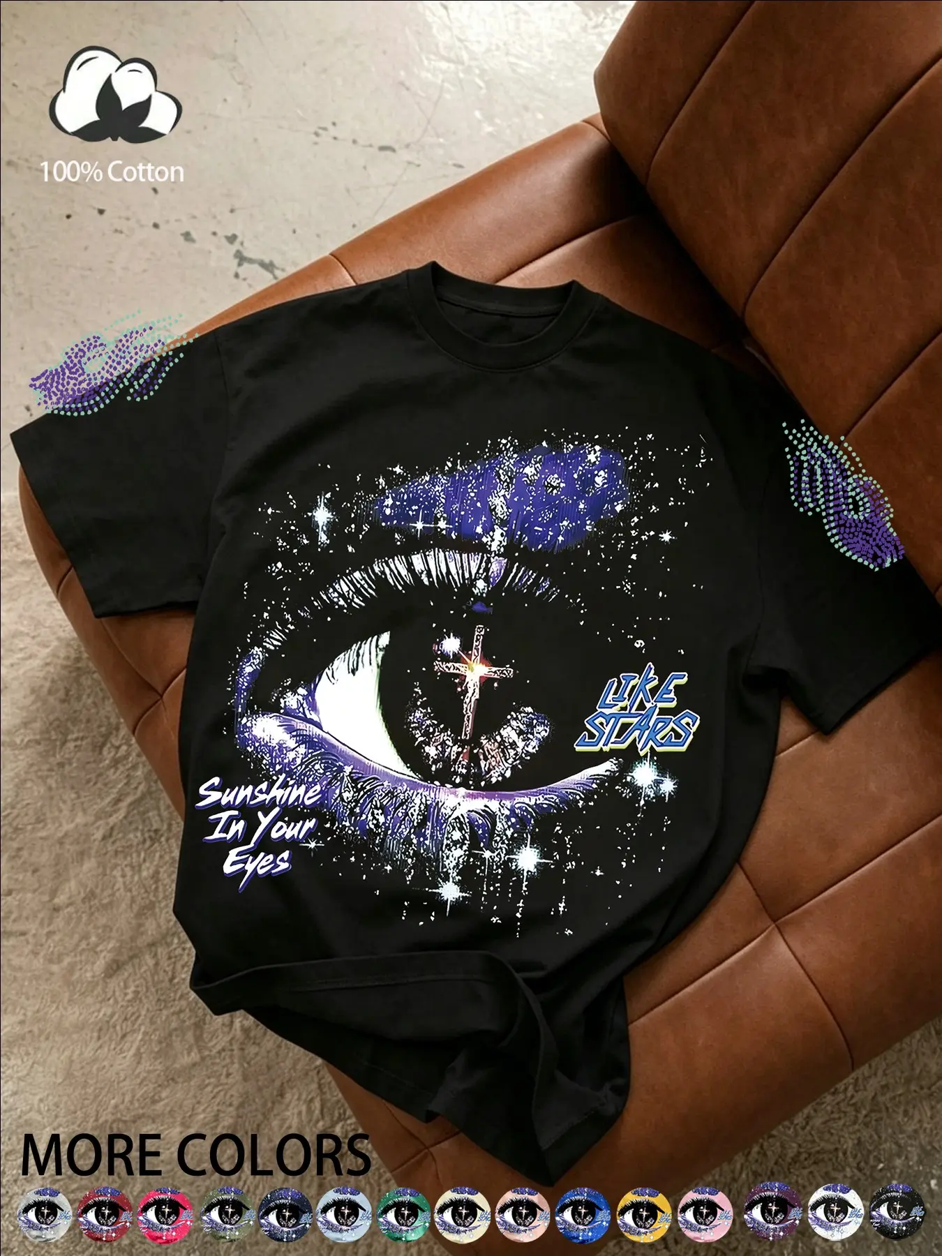 Unisex Street Style Casual Short Sleeve T-Shirt, Trendy Starry Eye Print, Round Neck, Cotton Comfort Fabric, Daily Wear, Y2K Rock Hip Hop Fashion