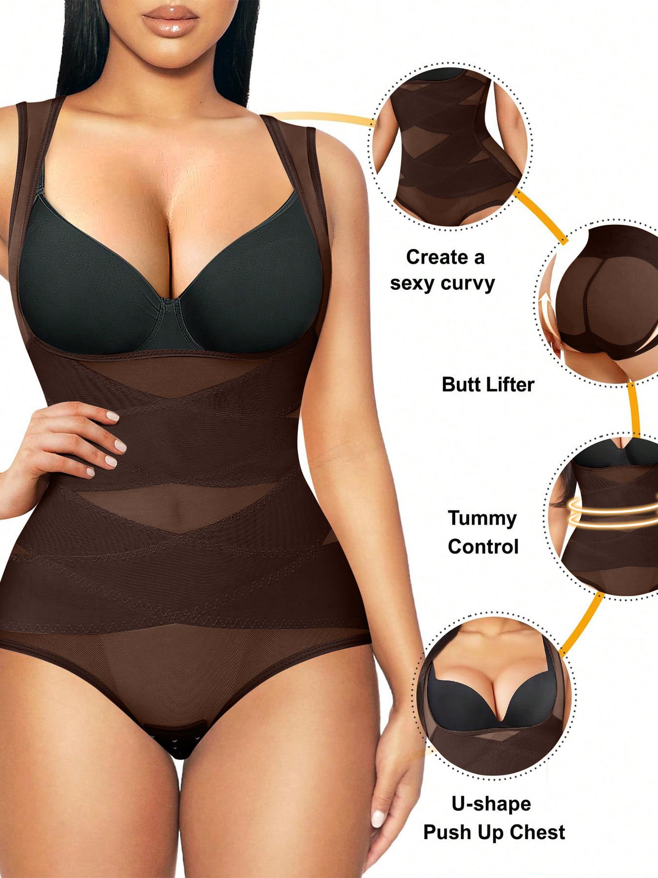 Women's High Elastic Breathable Mesh Cross Waist Shapewear, Lightweight Belly Control Corset, Classic Round Neck Chest Support One-Piece