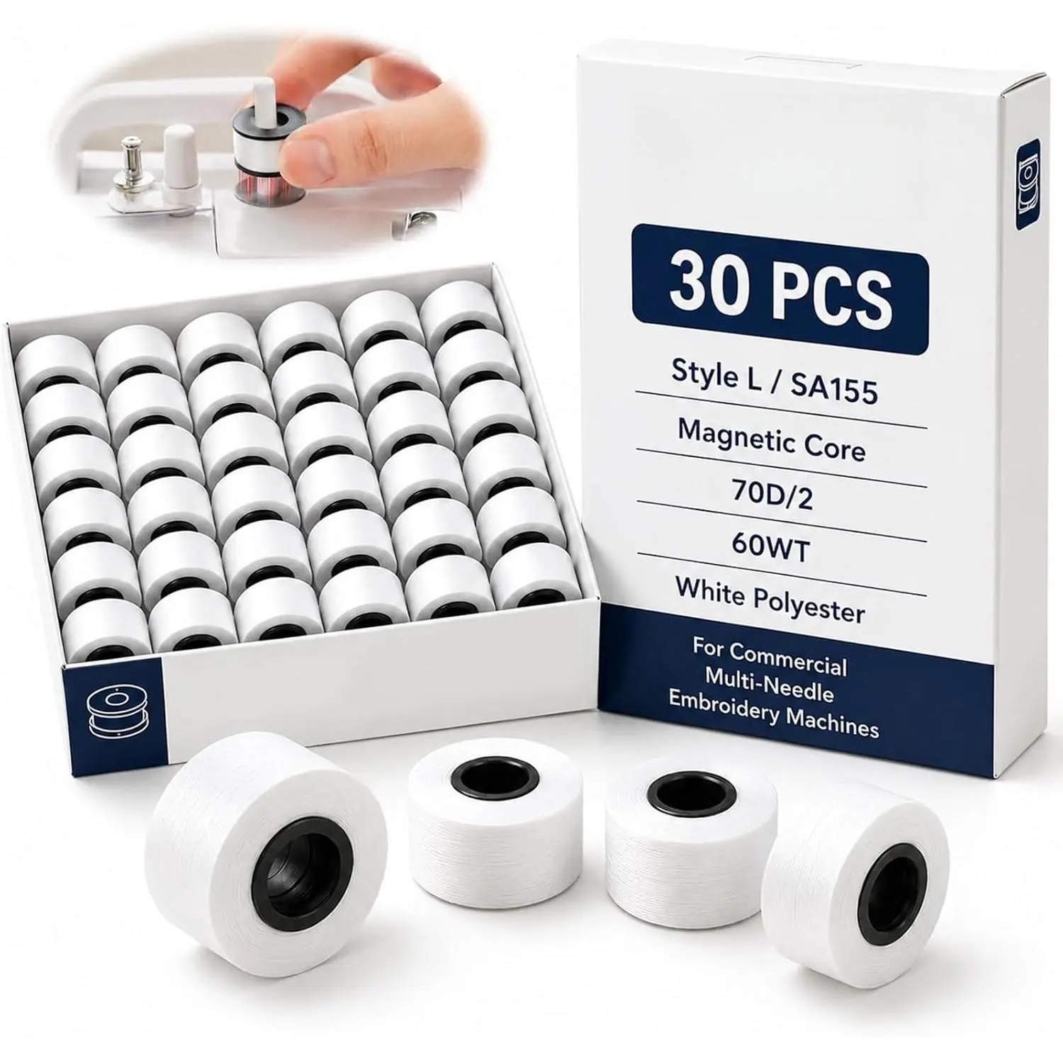 30 count  L Prewound Bobbins, White