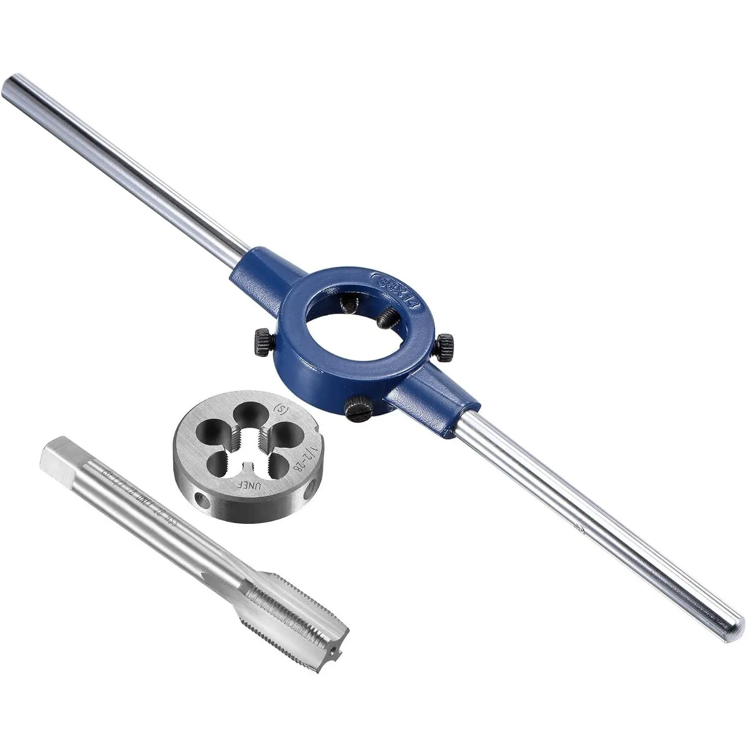 1/2-28 UNEF Tap and Die Set with 38mm Round Die Stock Handle Wrench, High Speed Steel Machine Thread Tap and Round Die Threading Tool