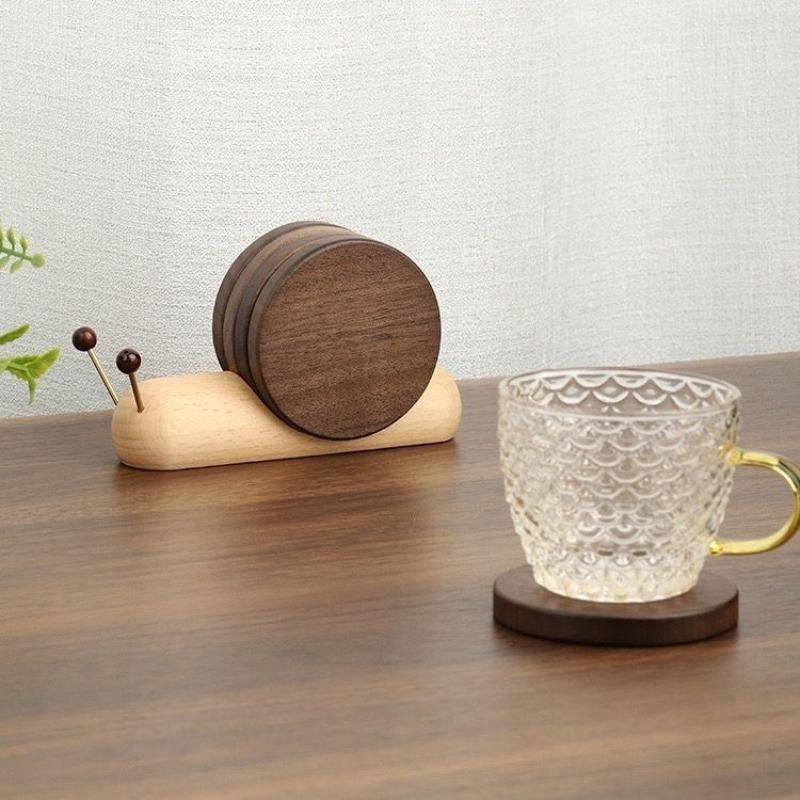 Wooden Snail Coaster Set, Creative Desktop Insulation Pad Decorative Accessory, Magnetic Heat Resistant Mat Pot Bowl Cup Holder, Wooden Coasters