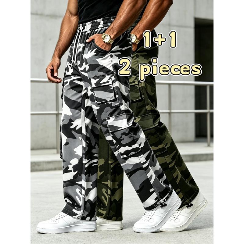 2PC Men's Camouflage Work Pants, Hip-hop Style, Multi Side Work Bag Decoration, Elastic Waist Adjustable Drawstring, Loose Straight Tube Durable Fabric Pants, Suitable for Streetwear