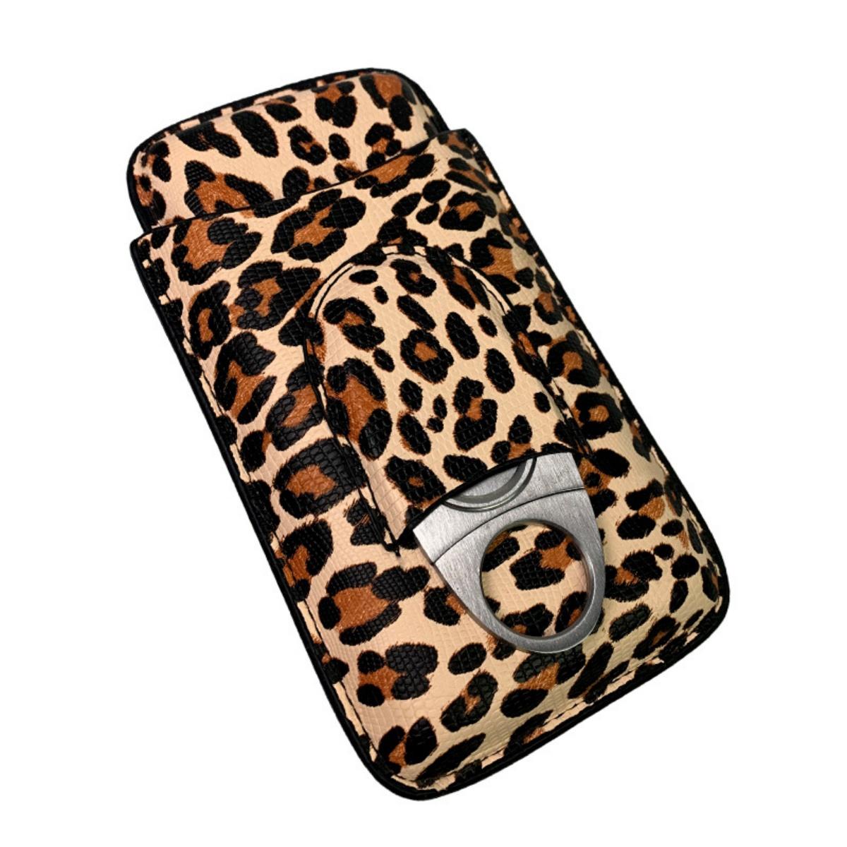 Portable Cigar Case with Knife, Leopard Print Cigar Holder, Moisture Box, Cigar Set Includes Cigar Cutter, Travel-Friendly