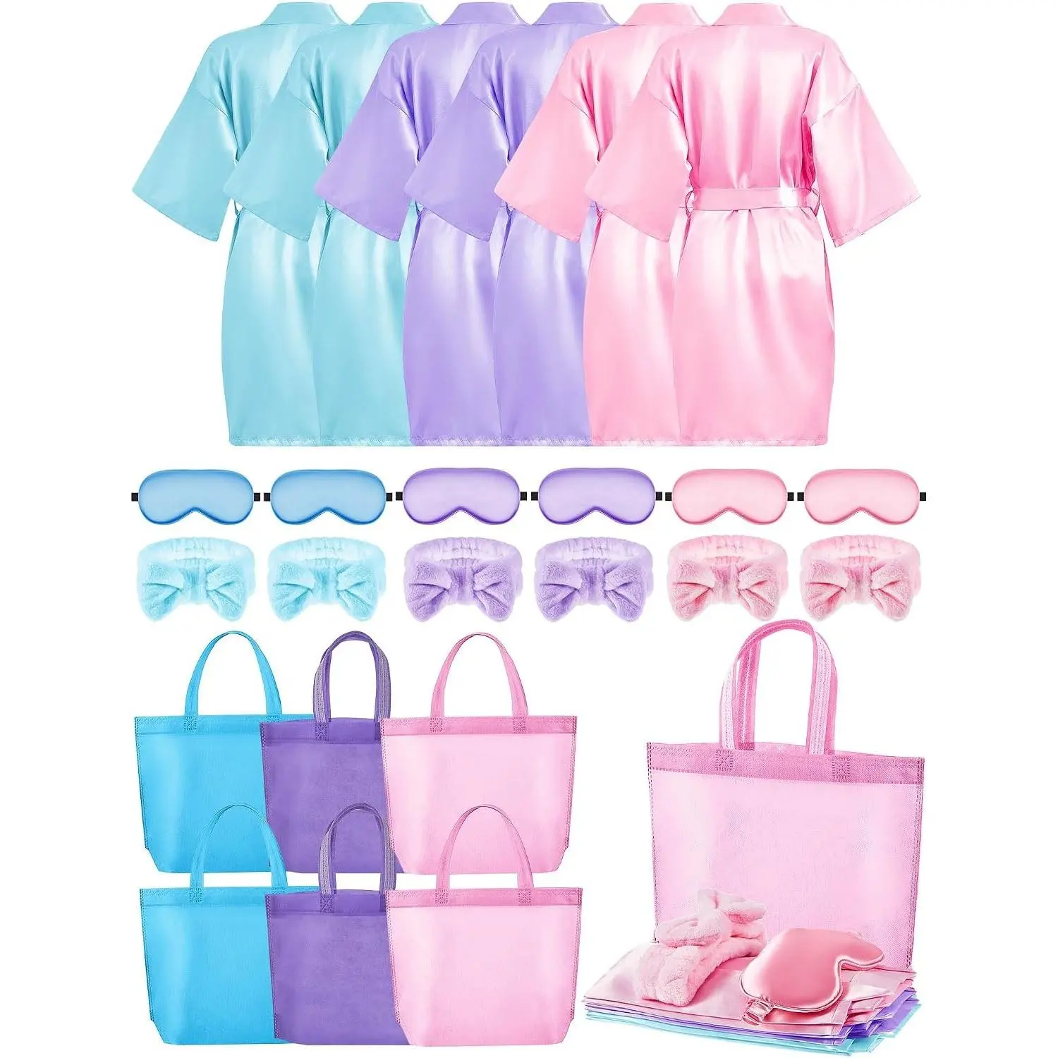 24 Pcs Sleepover Party Supplies for Girls 6 Spa Robes 6 Tote Bags 6 Headbands 6 Spa Masks(Gift)