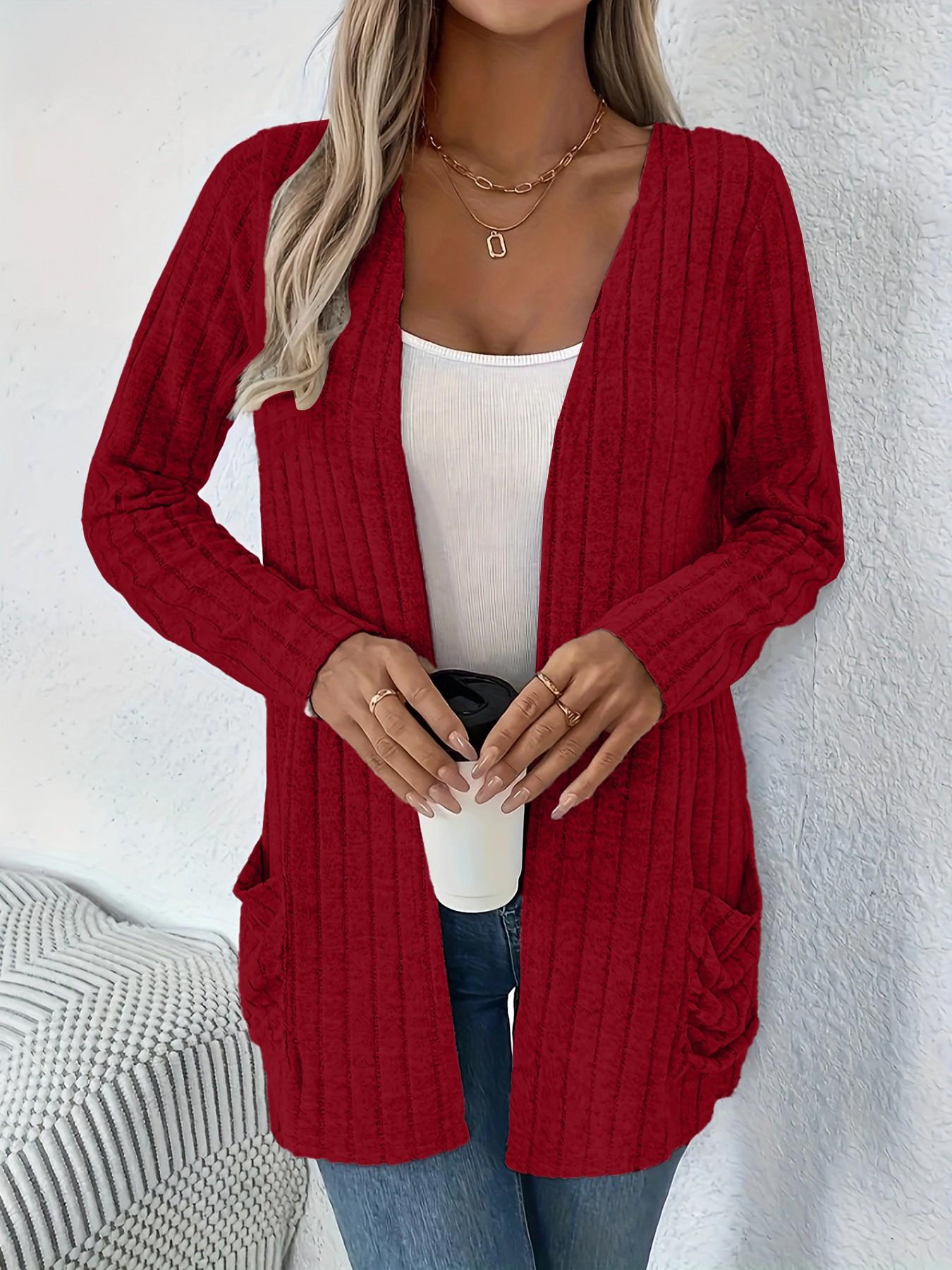 Women's Long Sleeve Loose Knit Cardigan with Pockets, Comfortable Front Open Coat, Casual Wear, Perfect for Everyday, Knitwear effortless breezy figure flattering all day comfort