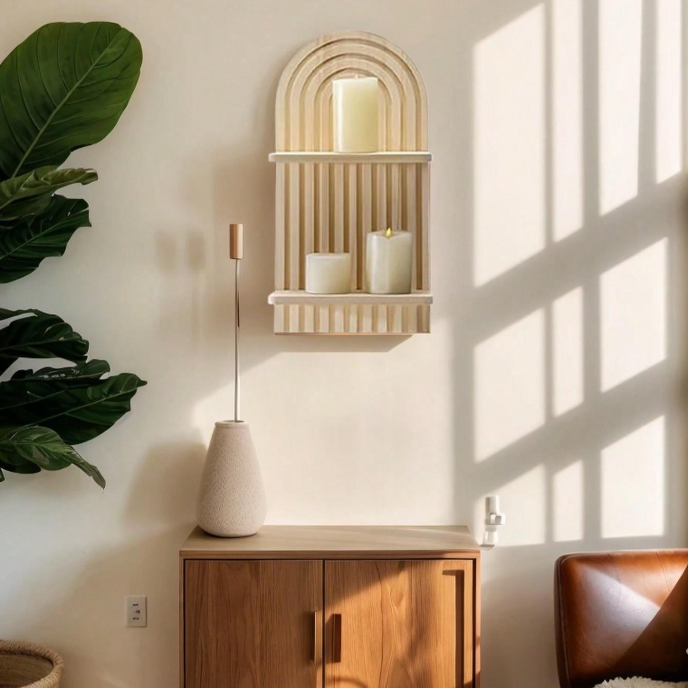 Bohemian Wall Shelf Decor, Floating Wooden Rack for Living Room Bedroom, Dual Layer Hanging Display Stand, Boho Style Storage Organizer