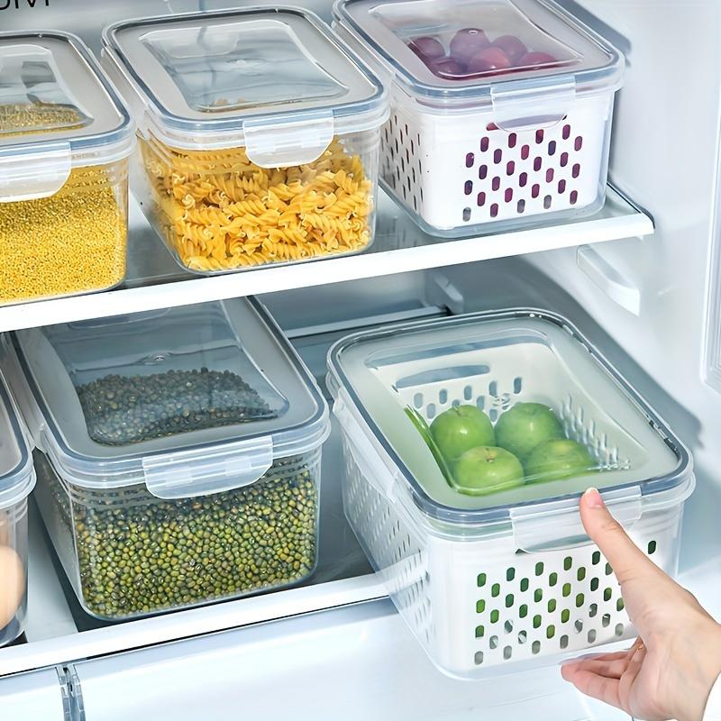 Stackable refrigerator storage container with removable drain basket. Suitable for kitchen storage containers made with BPA-free polypropylene Kitchen Drain Fresh Fruits and Vegetables Grocery Seal Moisture Resistant