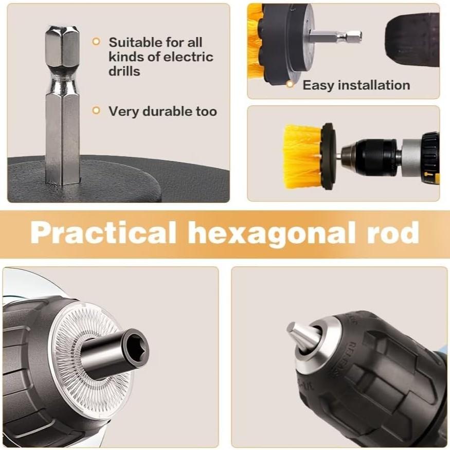 3 Piece Power Scrubber Brush Kit for Wheels, Tires, Carpet, Interior,Shoe cleaning, Upholstery - Medium Stiff Nylon Brushes for Cordless Drill Cleaning