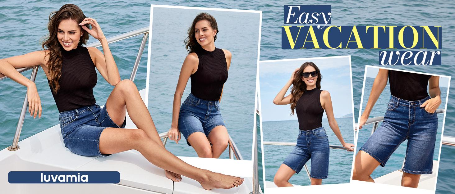 Luvamia Bermuda Jean Shorts for Women High Waisted Stretchy Denim Knee Length Cutoff Loose Fit Long Shorts Womenswear Streetwear Basic 5 Pockets Bottom