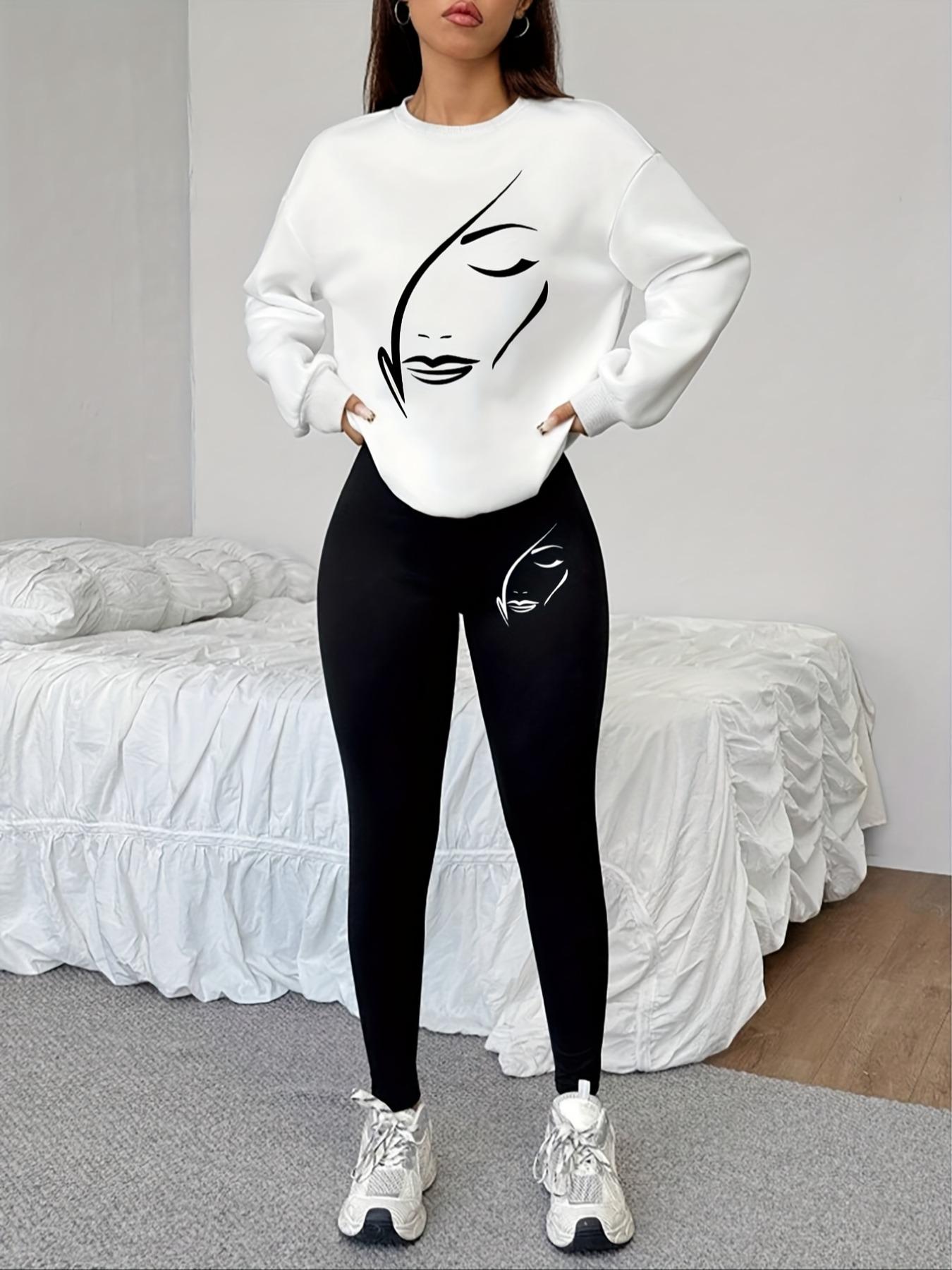 Women's 2-Piece Sweatshirt Set, Face Print Round Neck Long Sleeve Top, Long Pants, Casual Fall Winter, Holiday Sale