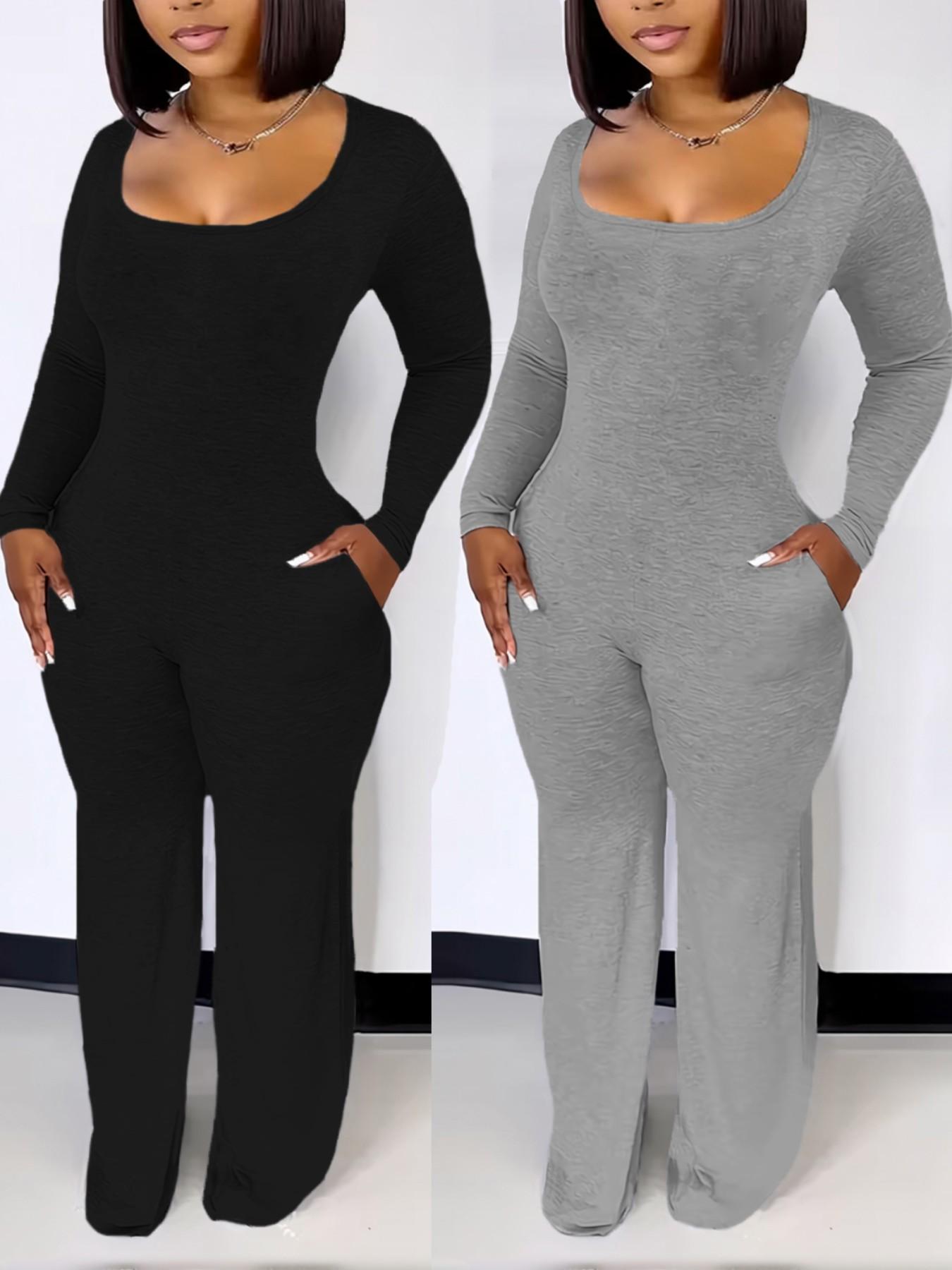 Women's Sexy Fitted Long Sleeve Jumpsuit, Plain Pattern, Minimalist, All Seasons Fashion, Low Neck Pocket Design, European & American Style