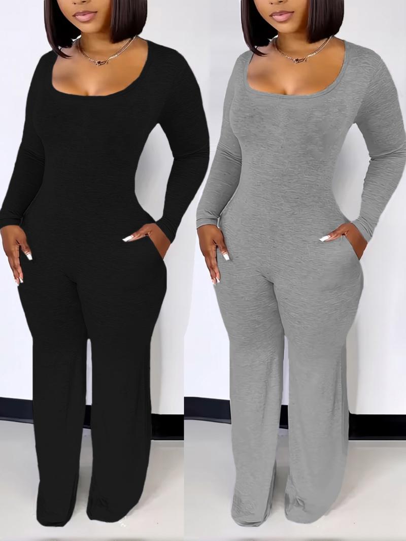 Women's Sexy Fitted Long Sleeve Jumpsuit, Plain Pattern, All Seasons Fashion, Low Neck Pocket Design, European & American Style