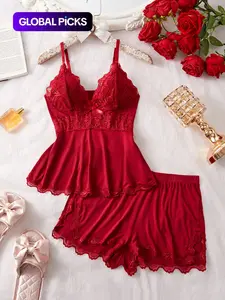 Women's Plain Lace Patchwork Bow Decor Cami Top & Shorts Lingerie PJ Set, Adjustable Spaghetti Strap Camisole & Elastic Waist Shorts, Ladies Sleepwear for All Seasons