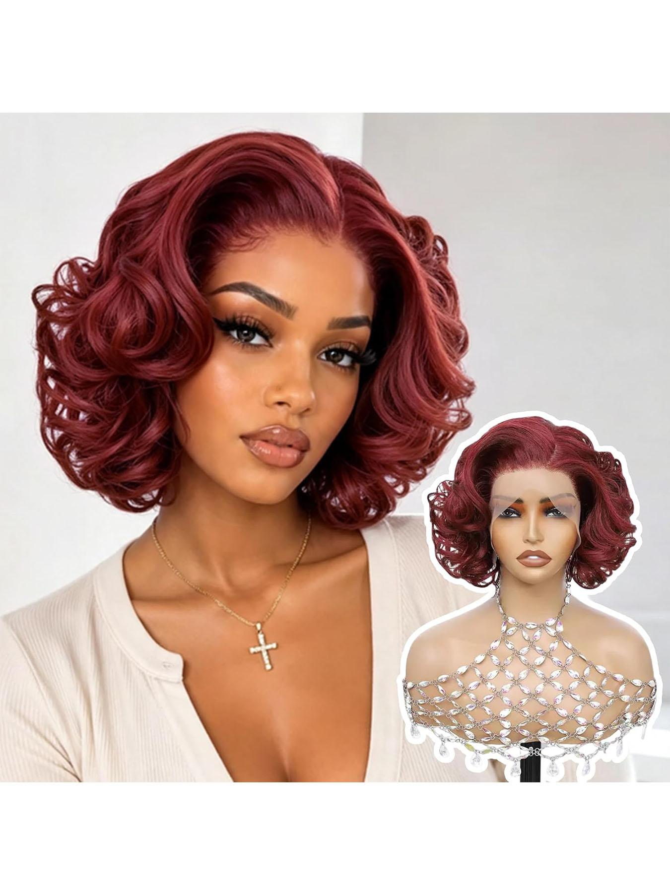 [Super Deal] Short Bob Wig Burgundy Loose Body Wave Synthetic 13x4 Lace Front Wigs Heat-Resistant Hair 200% Density 13x4 HD Transparent Lace Front Wigs Pre Plucked Hairline Suitable To Wear On Daily Or Holiday Occasions Wig