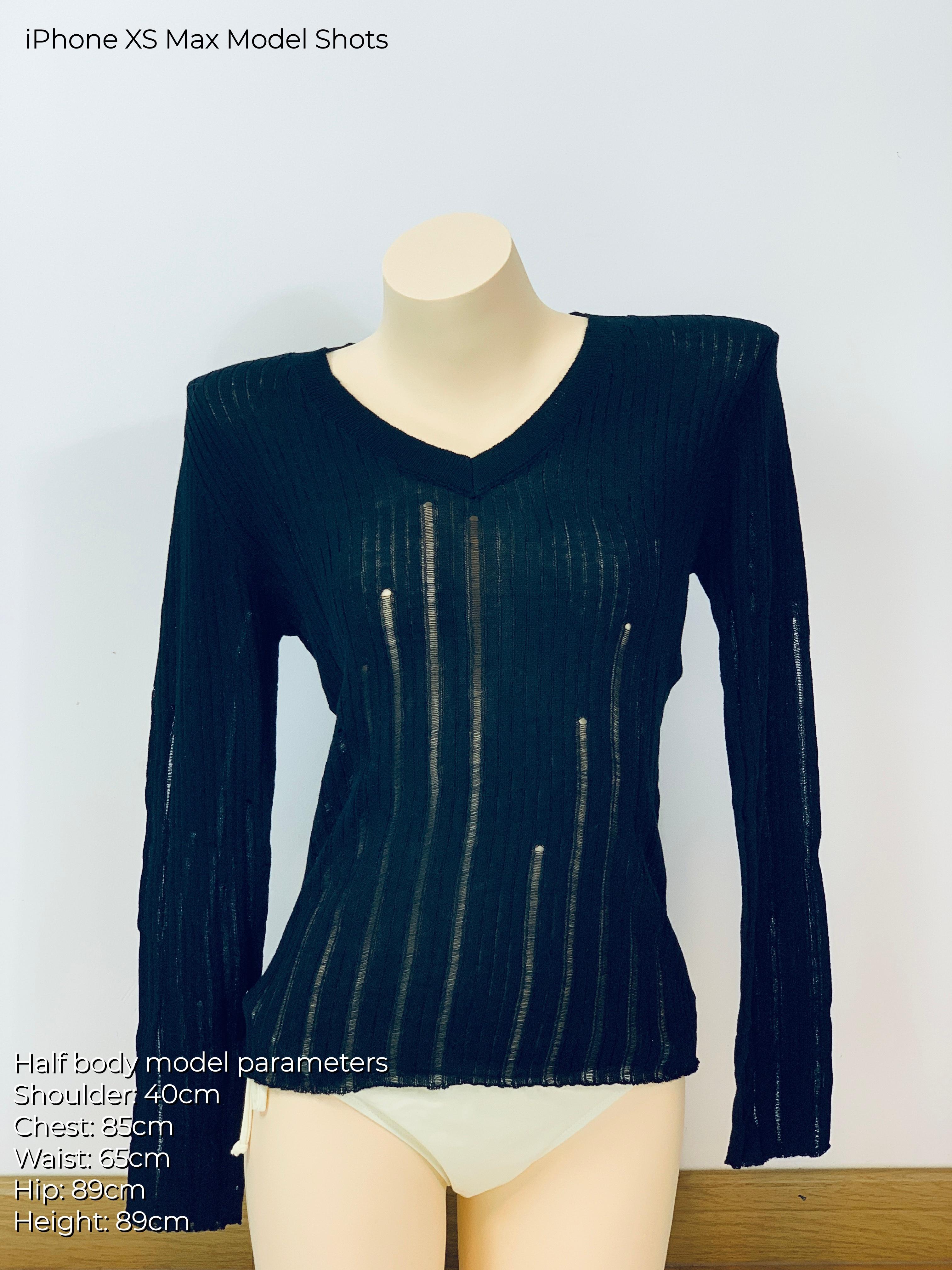 2026 Spring Summer Black Distressed V-Neck Ribbed Knit Top, Hollow Long Sleeve Sweater,Edgy Distressed Black Knit Sweater, Punk Rock Style, Minimalist & Sexy Fashion