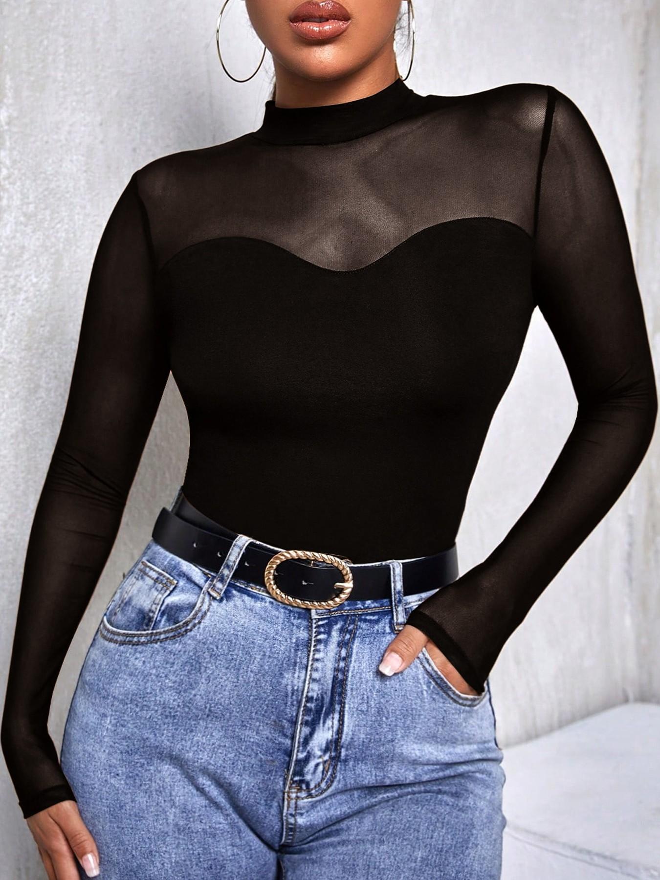 1 Piece See-Through Mock Neck Top - Women’s Sheer Mesh Long Sleeve Blouse | Y2K Trendy Slim Fit Feminine Shirt for Party & Daily Layering