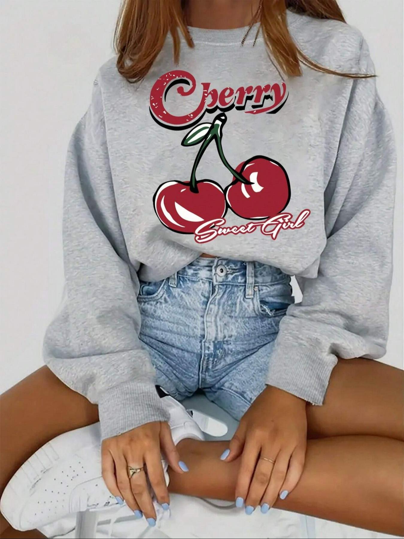 Cherry Pattern Pullover Sweater, Soft Comfortable Fabric, Fashionable Casual Wear, Loose Fit, Suitable for All Seasons
