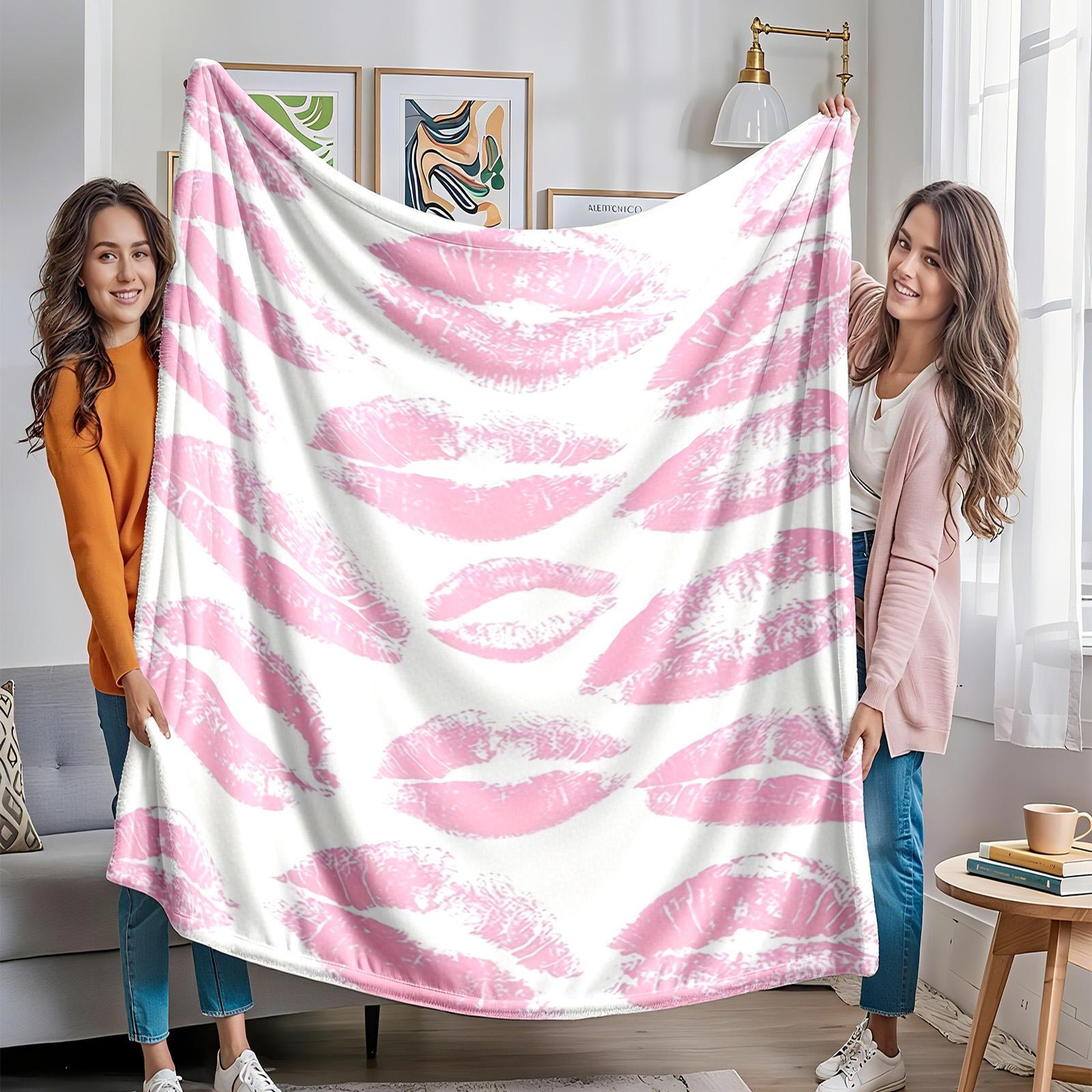 1 piece Pink lipstick mark texture background. themed flannel blanket - Modern-style all-season flannel blanket, soft and comfortable, suitable for sofas and beds, digital print design, 100% polyester material, machine washable, ideal for home