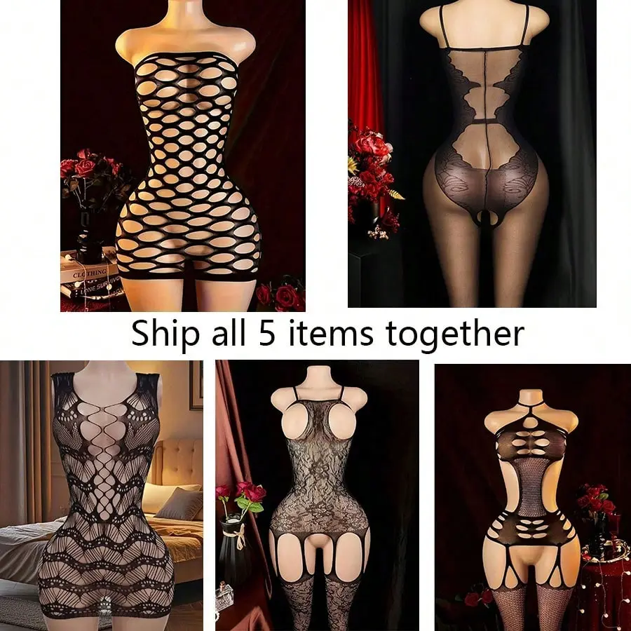 5 Pcs Sexy Black Fishnet Bodysuit Stretchy Padded Lingerie with Panties Costume Leg Warms and Pantyhose