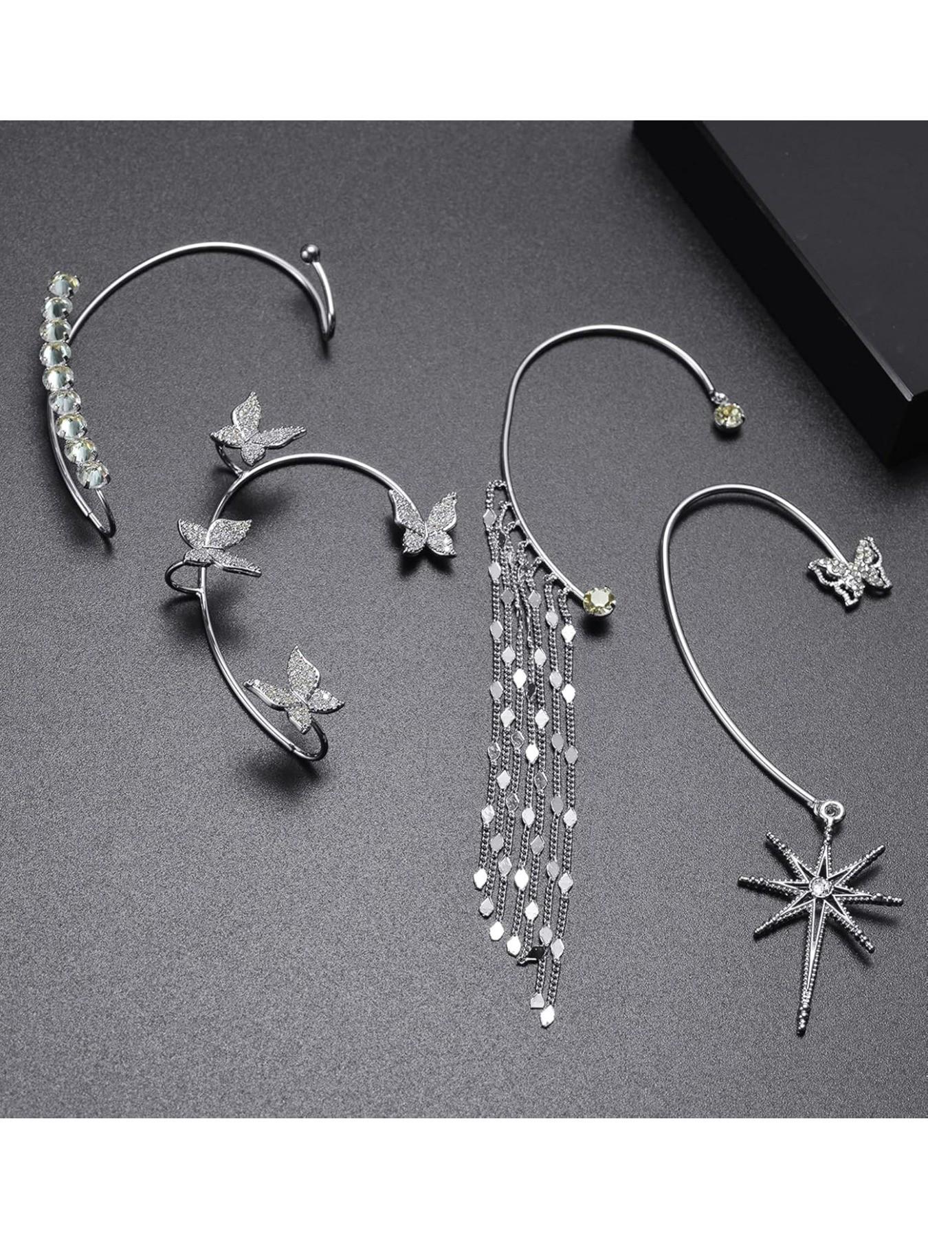 4Pcs Butterfly Long Tassel Ear Cuff Dangle Chain Earrings Wrap Crawler CZ Ear Clip Wrap Around Fake Earrings for Women Silver Gold Tone Right Ear