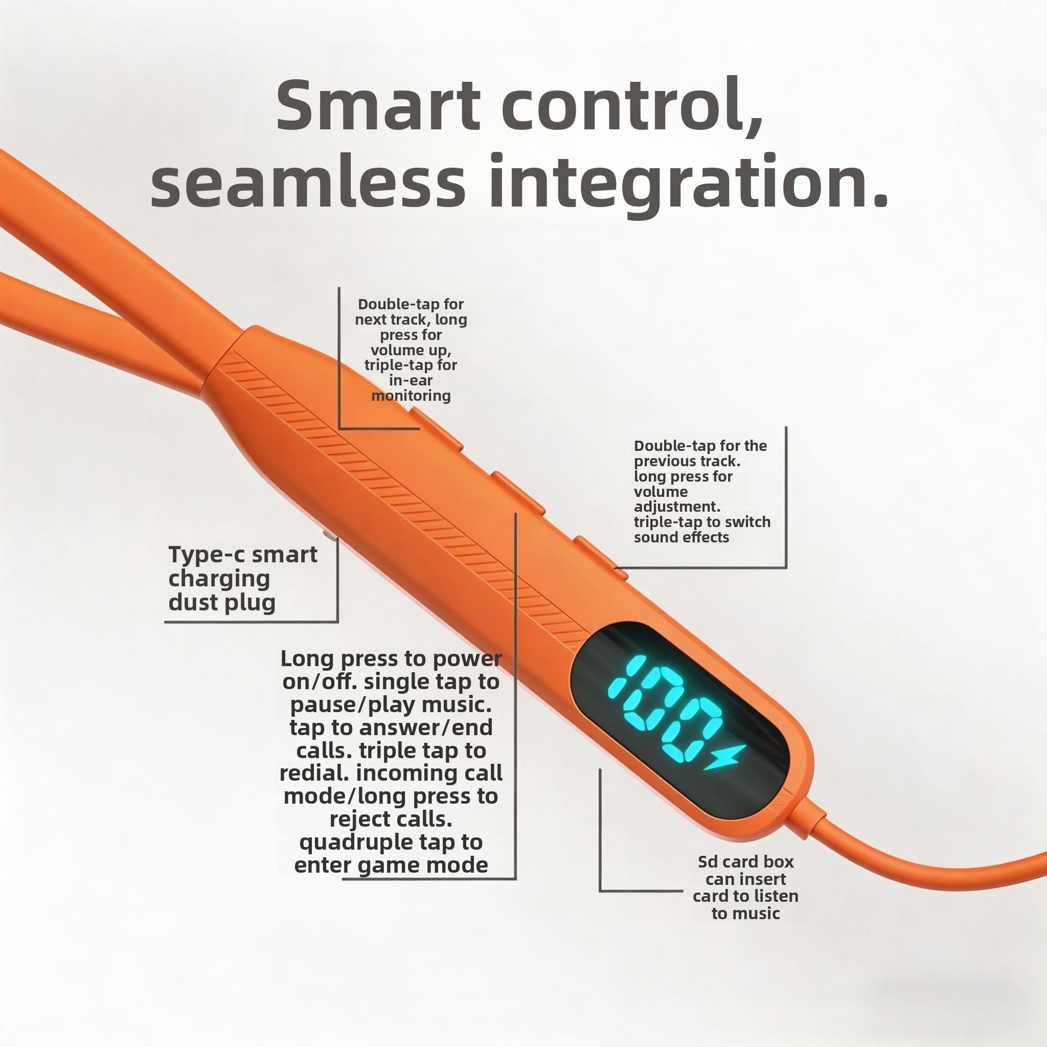 Bright Orange Hi Vis Neckband Bluetooth Earbuds, LED Digital Power Screen, IPX5 Sweat Resistant, 48H Long Playtime, Built-in Microphone for Hands-Free Calls, Dual Device Pairing, Touch Control Headphones for Warehouse Workers & Outdoor Work