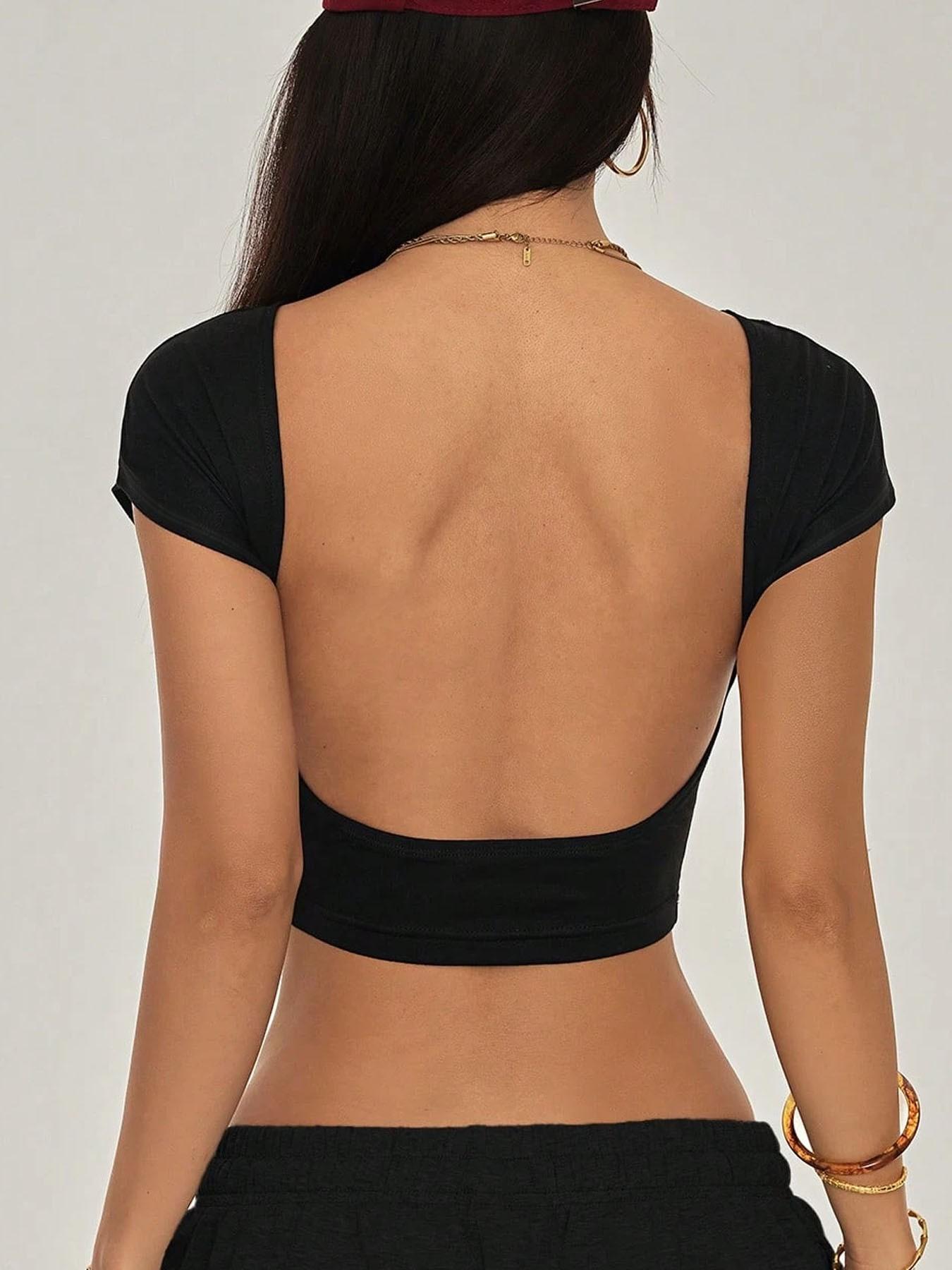 Women's Boat Neck Open Back Crop T-Shirt, Solid Color Slim Fit Short Sleeve Summer Top, Y2K Streetwear, Suitable for Daily Wear, Casual Party & Going Out