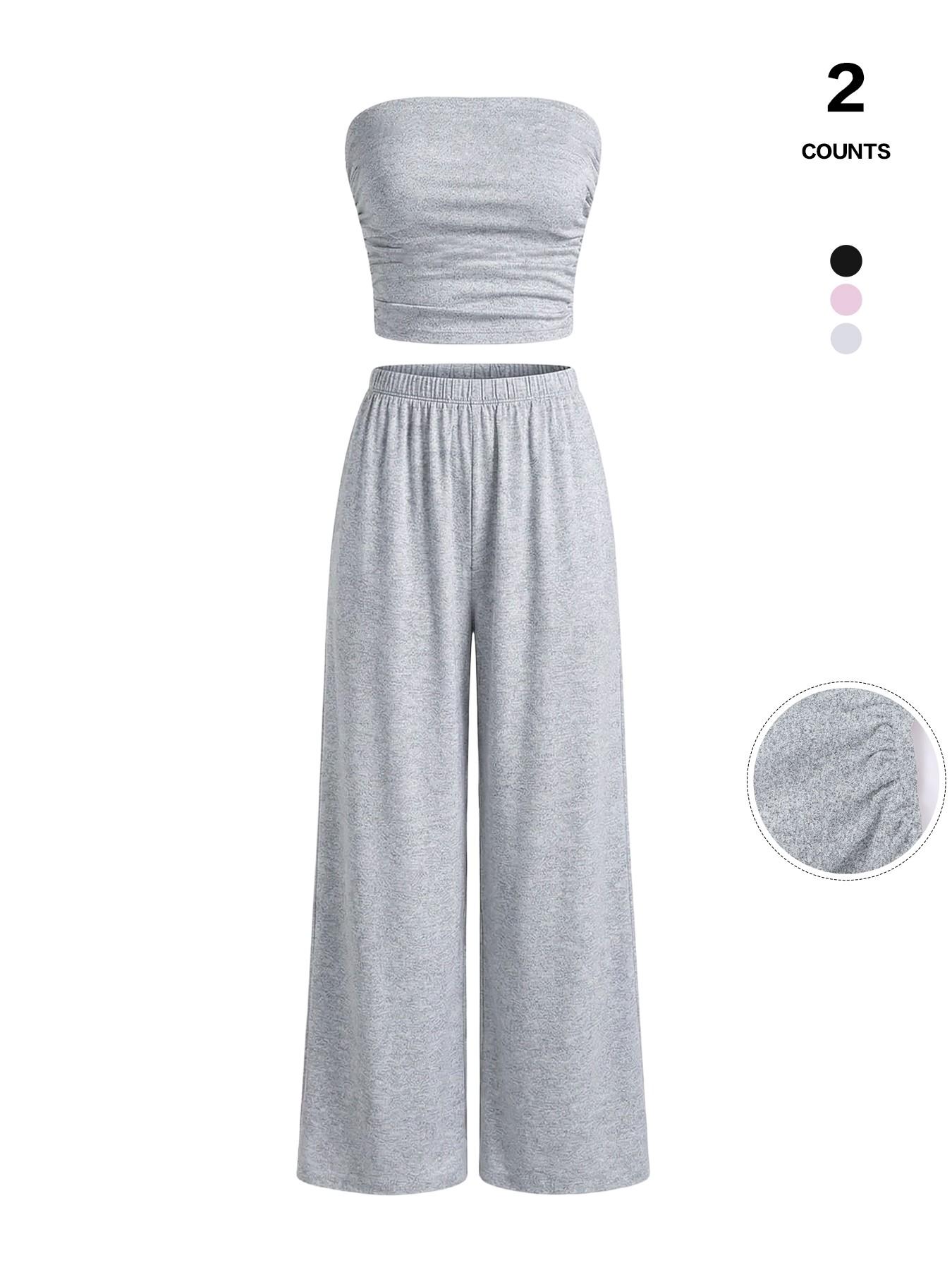 Women's 2 Piece Knit Lounge Set Strapless Tube Top and High Waisted Wide Leg Pants Casual Sweatsuit