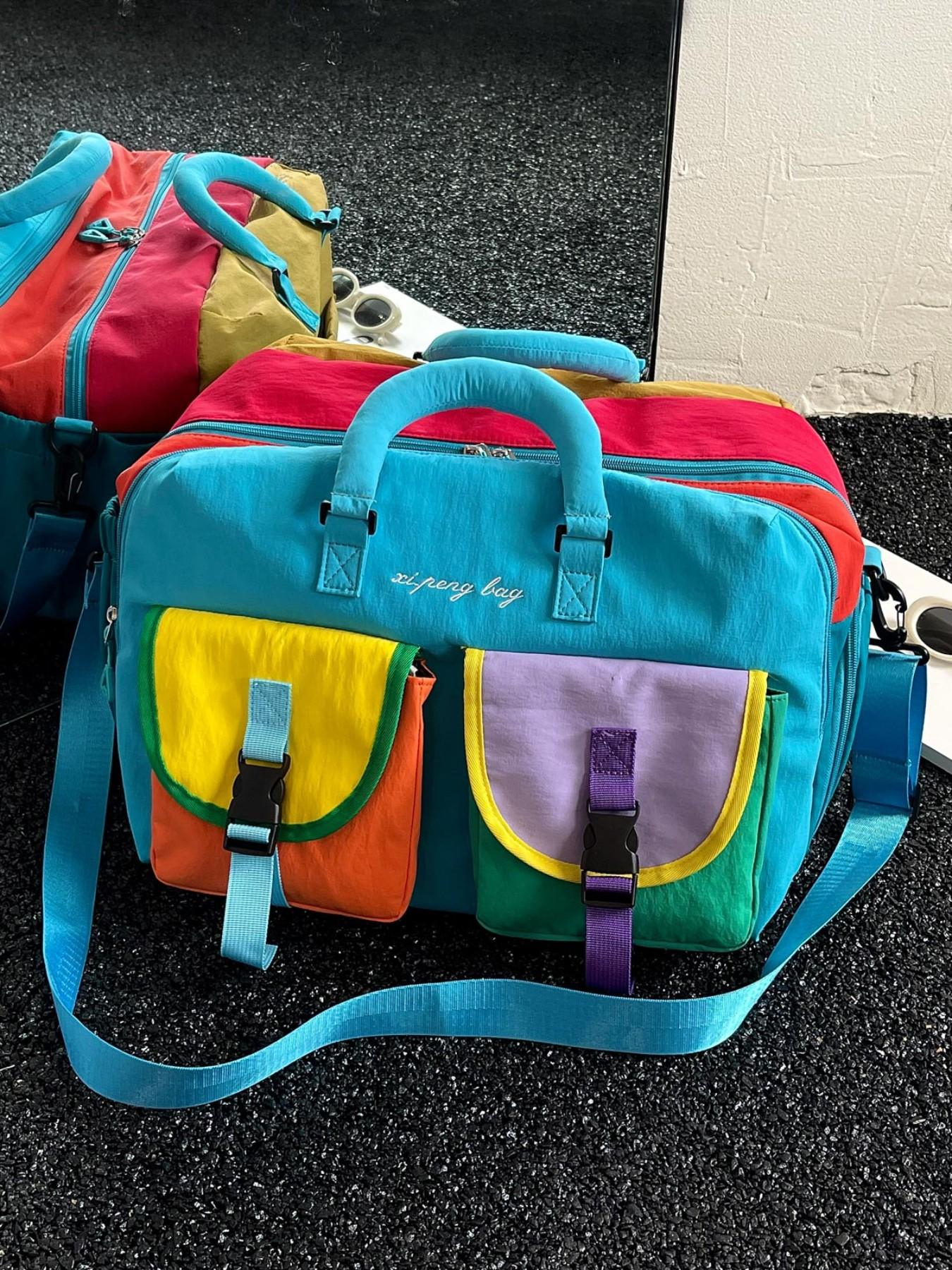 Vibrant Colorblock Duffel Bag, Lightweight Nylon, Large Capacity, Shoe Compartment, Detachable Strap, Ideal for Travel & Gym
