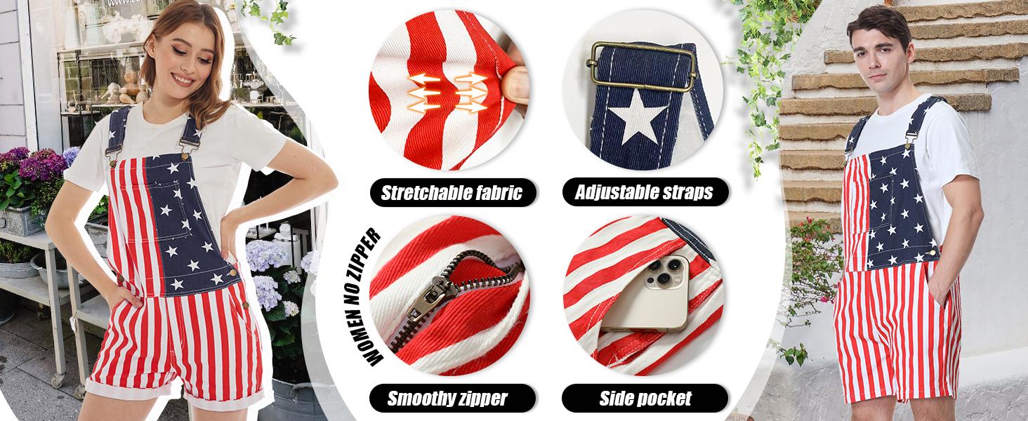 Yuanbang 4th of July American Flag Overalls Shorts for Men USA 250th Birthday Stretchy Denim Romper Memorial Day Coveralls Patriotic Gifts for Couples Father's Day Workwear Summer Jumpsuits Fashion Menswear Daily Outdoor Outfits SpringStatements