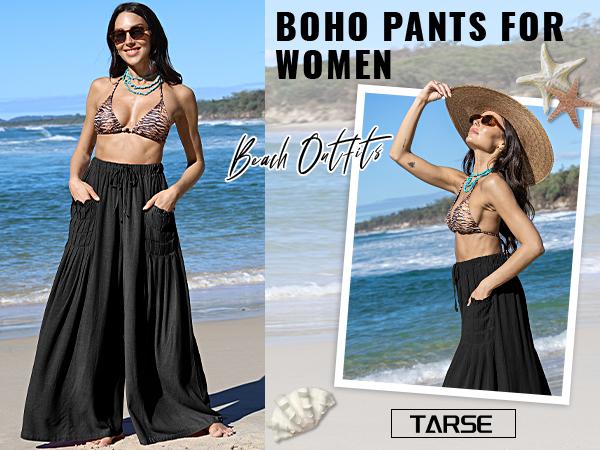 TARSE Women Casual Linen Blend Palazzo Pants Loose Fit Boho Wide Leg Baggy Trousers with Pockets Oversize 2026 Summer Vacation Womenswear Work Pants